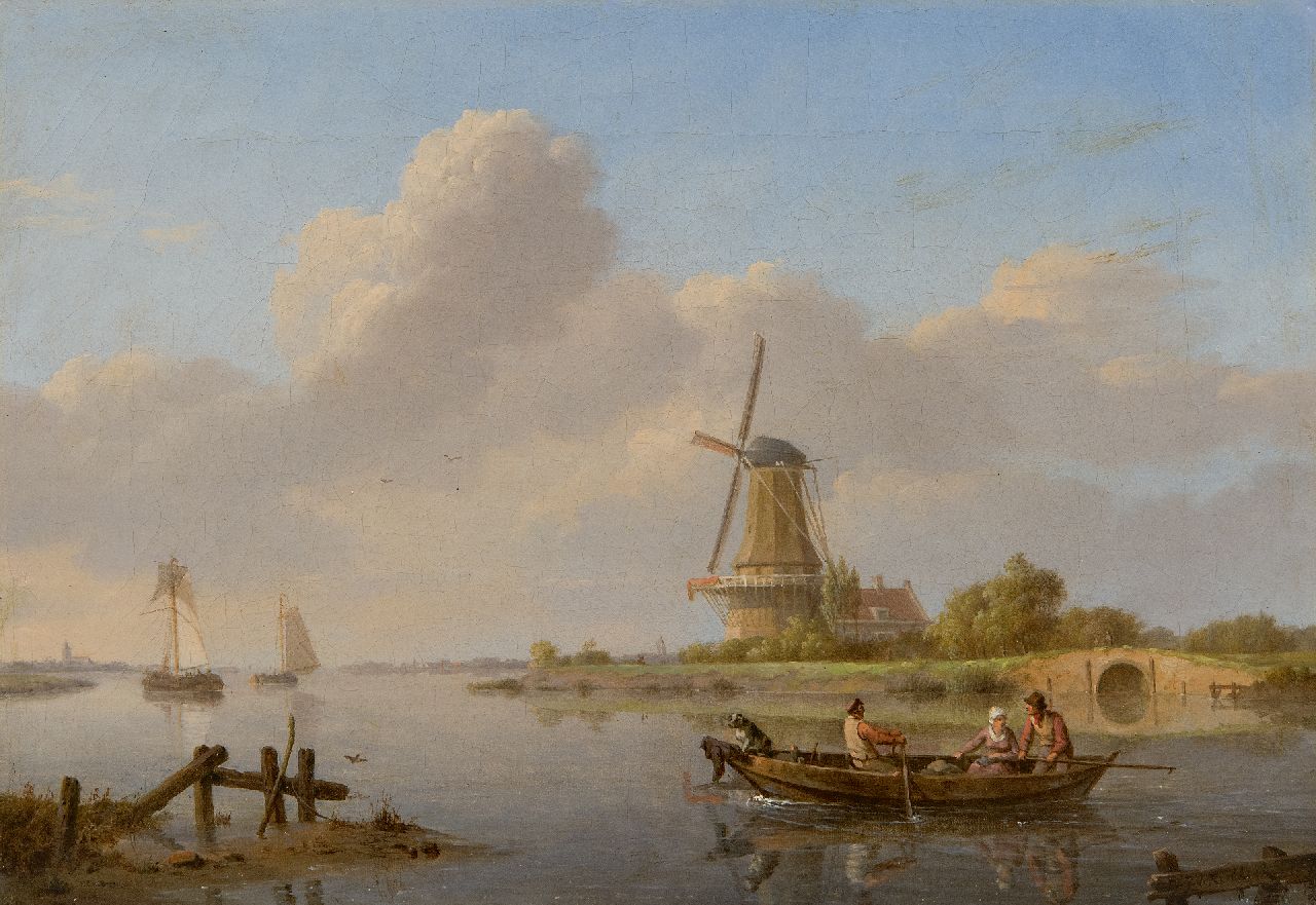Koekkoek J.H.  | Johannes Hermanus Koekkoek | Schilderijen te koop aangeboden | Kalm riviergezicht met molen en overzetveer, olieverf op doek 23,5 x 33,6 cm, gesigneerd rechtsonder