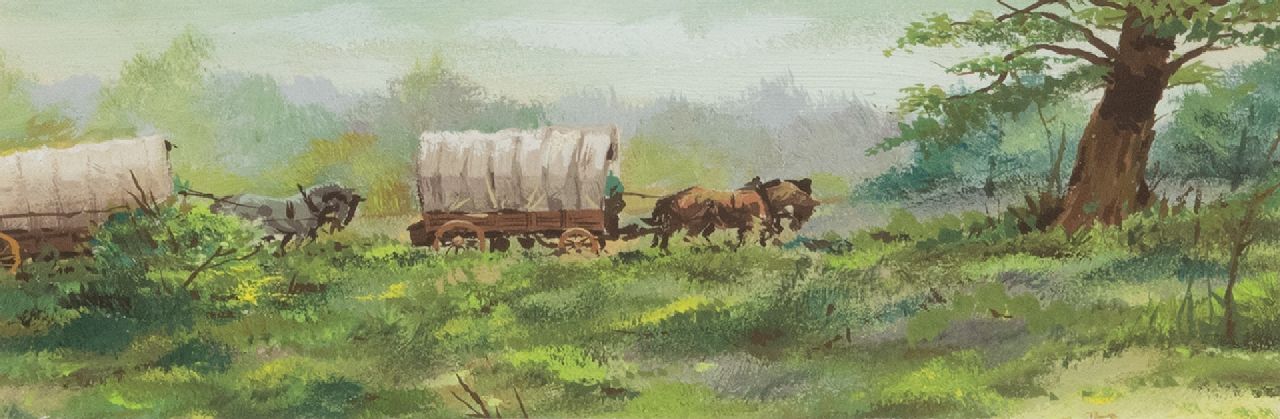 Poortvliet R. | Rien Poortvliet | Aquarellen en tekeningen te koop aangeboden | Hessenwagens in een Gelders landschap, aquarel op papier 6,3 x 17,5 cm Poortvliet R. | Rien Poortvliet | Aquarellen en tekeningen te koop aangeboden | Hessenwagens in een Gelders landschap, aquarel op papier 6,3 x 17,5 cm