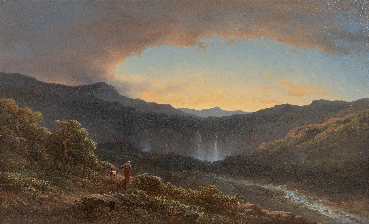 Hilverdink J. | Johannes Hilverdink | Schilderijen te koop aangeboden | Romantische zonsondergang bij een waterval, olieverf op paneel 33,7 x 55,3 cm, gesigneerd linksonder en gedateerd 1874, zonder lijst Hilverdink J. | Johannes Hilverdink | Schilderijen te koop aangeboden | Romantische zonsondergang bij een waterval, olieverf op paneel 33,7 x 55,3 cm, gesigneerd linksonder en gedateerd 1874, zonder lijst