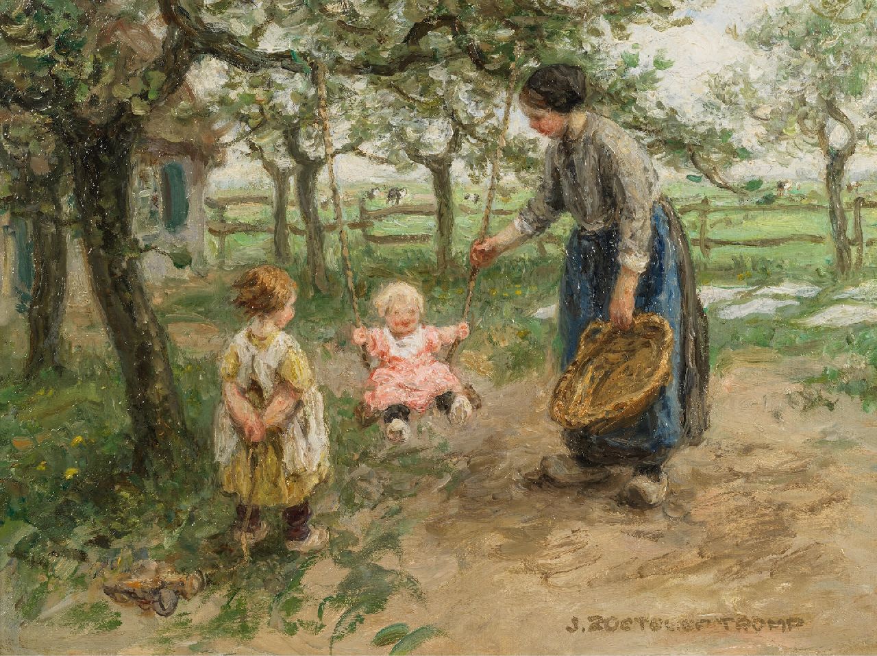 Zoetelief Tromp J. | Johannes 'Jan' Zoetelief Tromp | Schilderijen te koop aangeboden | Schommelen in de boomgaard, olieverf op doek 31,0 x 40,8 cm, gesigneerd rechtsonder Zoetelief Tromp J. | Johannes 'Jan' Zoetelief Tromp | Schilderijen te koop aangeboden | Schommelen in de boomgaard, olieverf op doek 31,0 x 40,8 cm, gesigneerd rechtsonder
