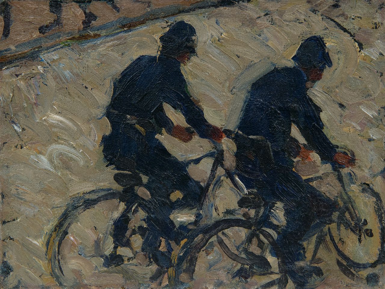 Dijkstra J.  | Johannes 'Johan' Dijkstra | Schilderijen te koop aangeboden | Twee fietsende veldwachters, olieverf op doek op paneel 21,4 x 28,0 cm