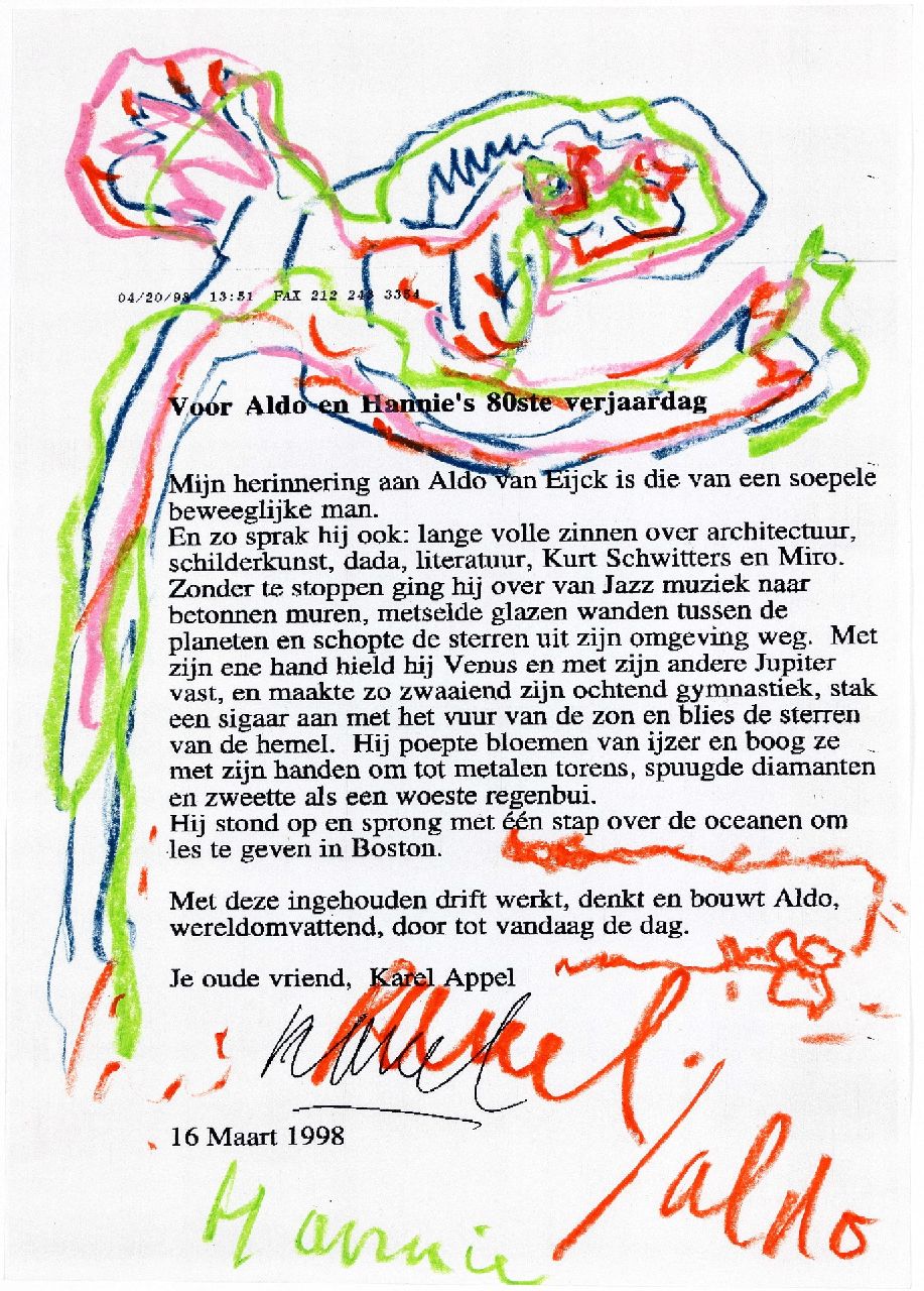 Appel C.K.  | Christiaan 'Karel' Appel | Aquarellen en tekeningen te koop aangeboden | Voor Aldo en Hannie's 80ste verjaardag (1998), kleurpotlood op papier 42,0 x 29,5 cm, gesigneerd middenonder
