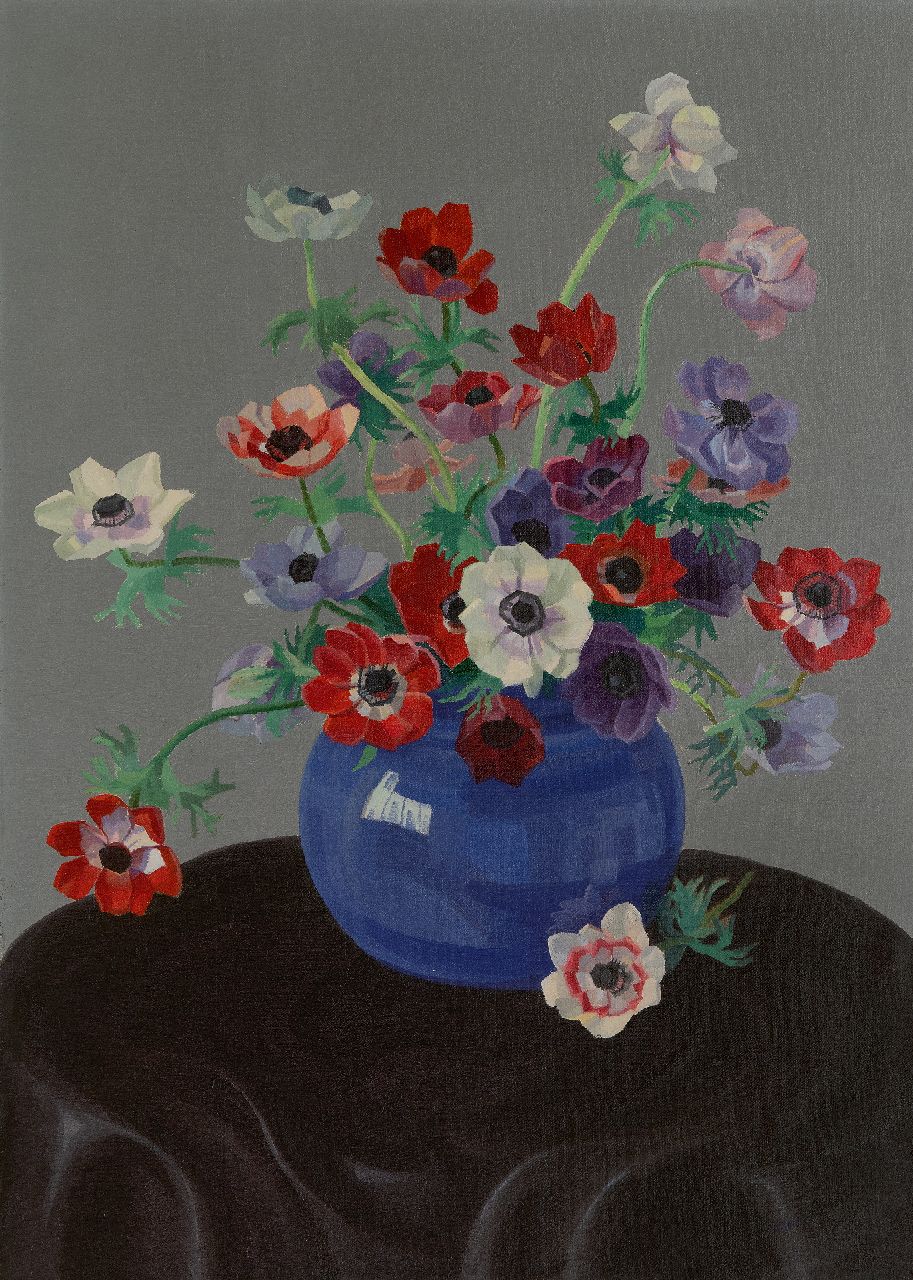 Smorenberg D.  | Dirk Smorenberg | Schilderijen te koop aangeboden | Anemonen in fellauwe vaas, olieverf op doek 70,5 x 50,5 cm, gesigneerd rechtsonder