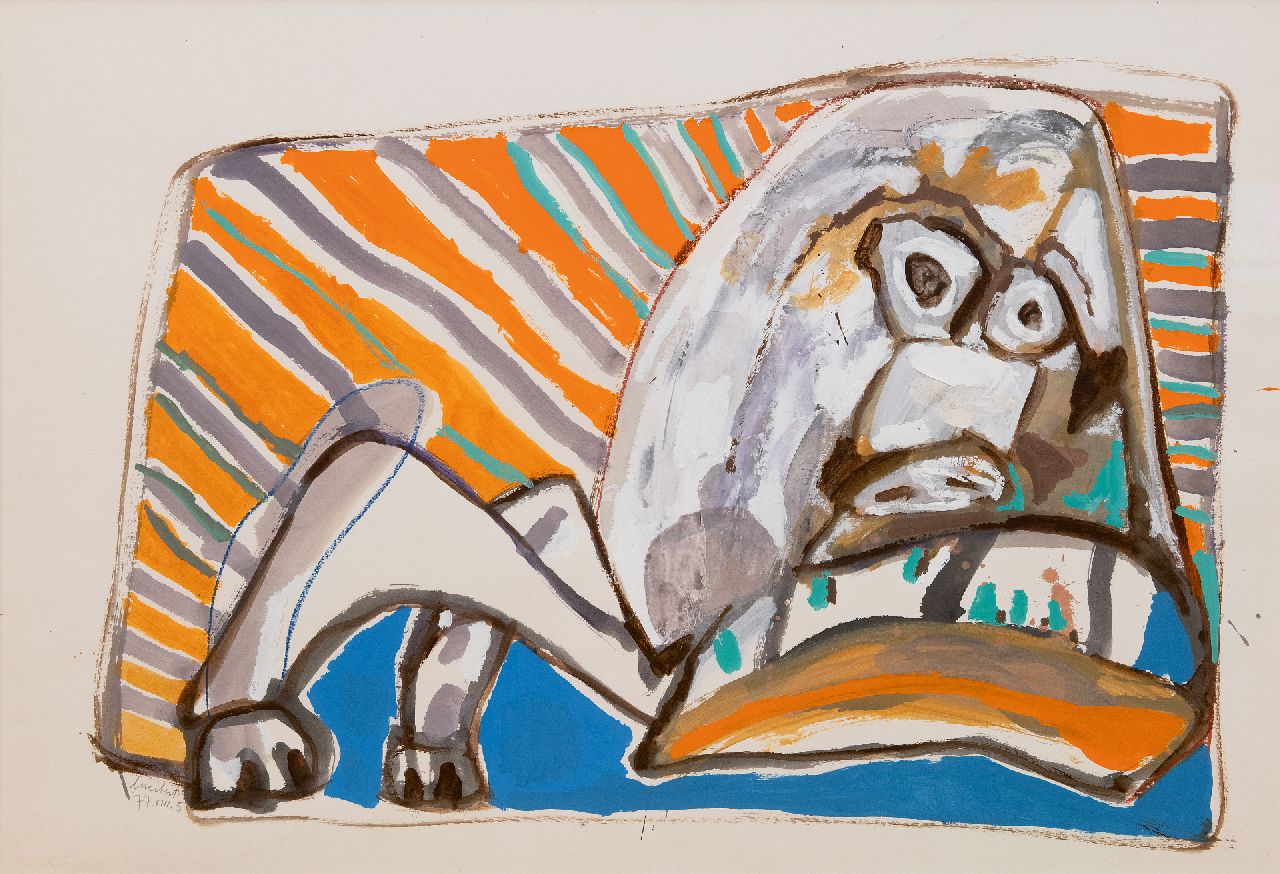 Lucebert (Lubertus Jacobus Swaanswijk)   | Lucebert (Lubertus Jacobus Swaanswijk) | Aquarellen en tekeningen te koop aangeboden | Waakhond II, gouache op papier 70,0 x 100,3 cm, gesigneerd linksonder en gedateerd 77.VIII.5