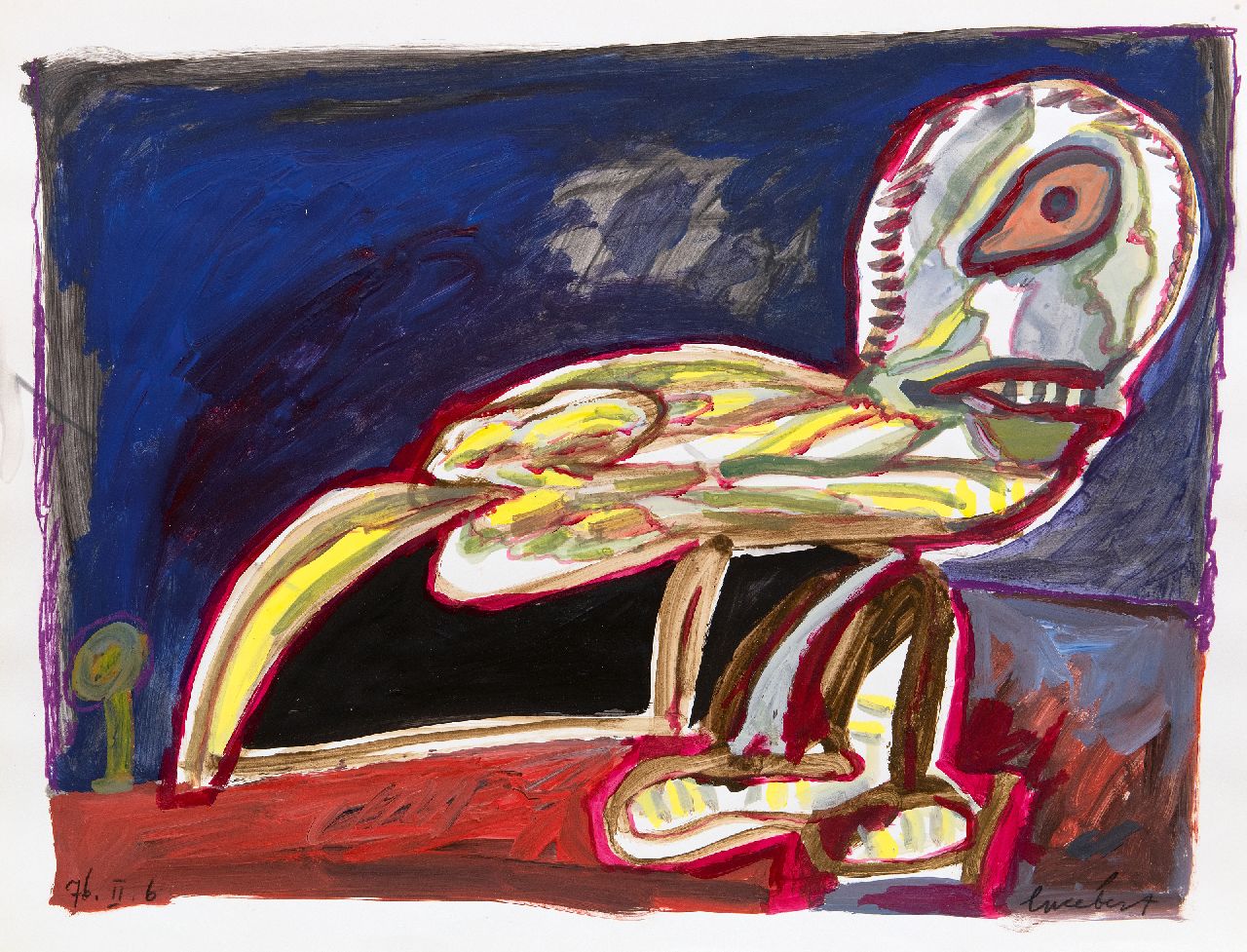 Lucebert (Lubertus Jacobus Swaanswijk)   | Lucebert (Lubertus Jacobus Swaanswijk) | Aquarellen en tekeningen te koop aangeboden | Zonder titel (vogelfiguur), gouache op papier 50,0 x 65,0 cm, gesigneerd rechtsonder en gedateerd  l.o. 76. II. 6