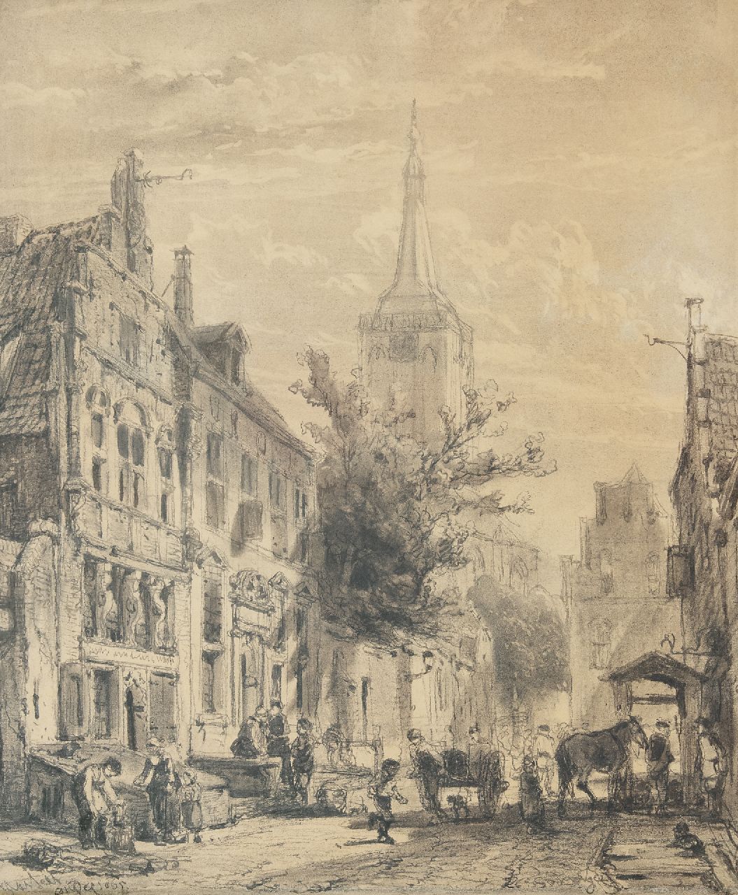 Springer C.  | Cornelis Springer | Aquarellen en tekeningen te koop aangeboden | Gezicht op de Nieuwstraat in Hasselt, Overijssel, houtskool op papier 61,1 x 51,0 cm, gesigneerd rechtsonder en gedateerd 'Hasselt' April 1863