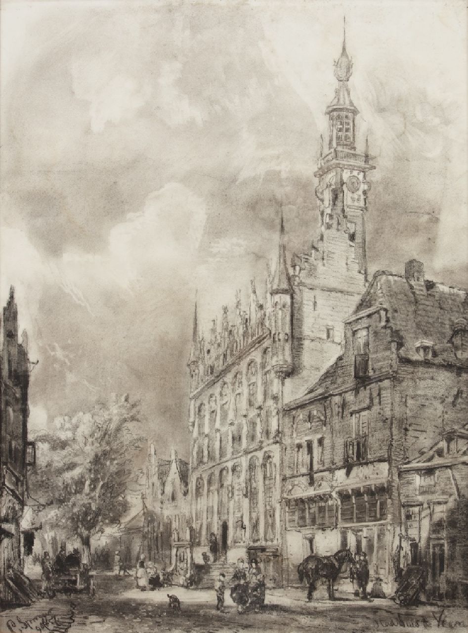 Springer C.  | Cornelis Springer | Aquarellen en tekeningen te koop aangeboden | Stadhuis te Veere, potlood en krijt op papier 67,0 x 50,0 cm, gesigneerd linksonder en gedateerd 9 okt '57