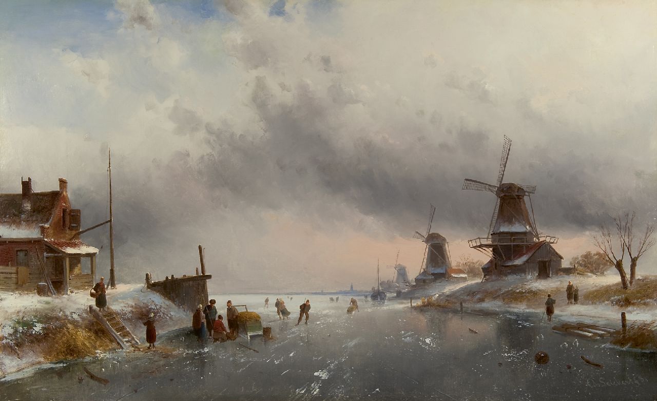 Leickert C.H.J.  | 'Charles' Henri Joseph Leickert | Schilderijen te koop aangeboden | Winterlandschap met figuren op een bevroren rivier, olieverf op doek 61,9 x 100,2 cm, gesigneerd rechtsonder en gedateerd '81