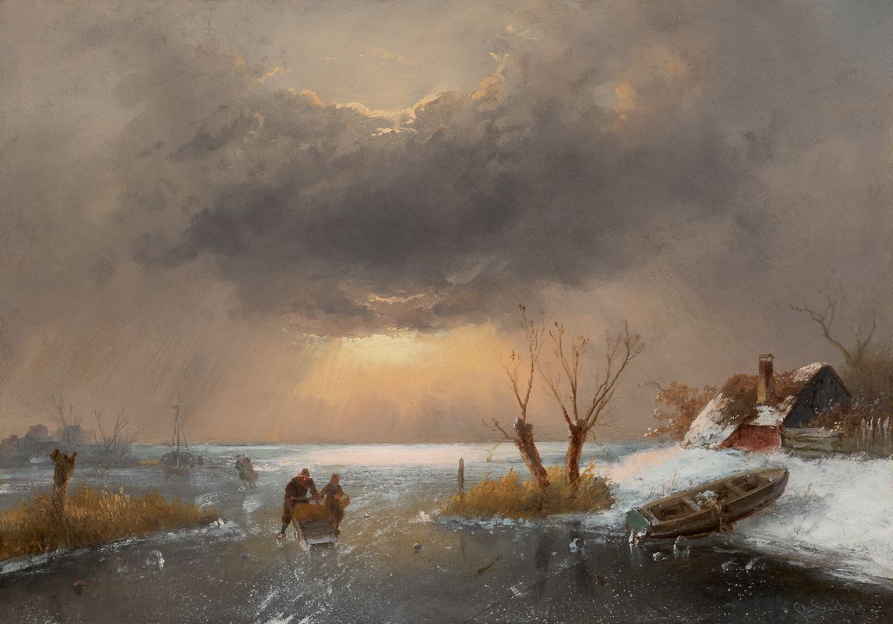 Leickert C.H.J.  | 'Charles' Henri Joseph Leickert, Hollandse winter met schaatsers bij zonsondergang, olieverf op paneel 33,8 x 48,2 cm, gesigneerd rechtsonder