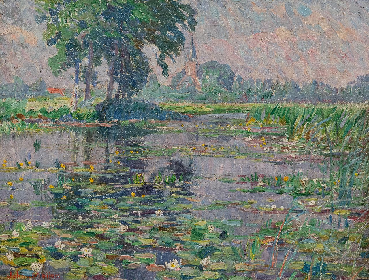 Meijer J. | Johannes 'Johan' Meijer, Waterplas met bloeiende waterlelies bij Kortenhoef, olieverf op doek 22,7 x 29,5 cm, gesigneerd linksonder en op spieraam Meijer J. | Johannes 'Johan' Meijer, Waterplas met bloeiende waterlelies bij Kortenhoef, olieverf op doek 22,7 x 29,5 cm, gesigneerd linksonder en op spieraam