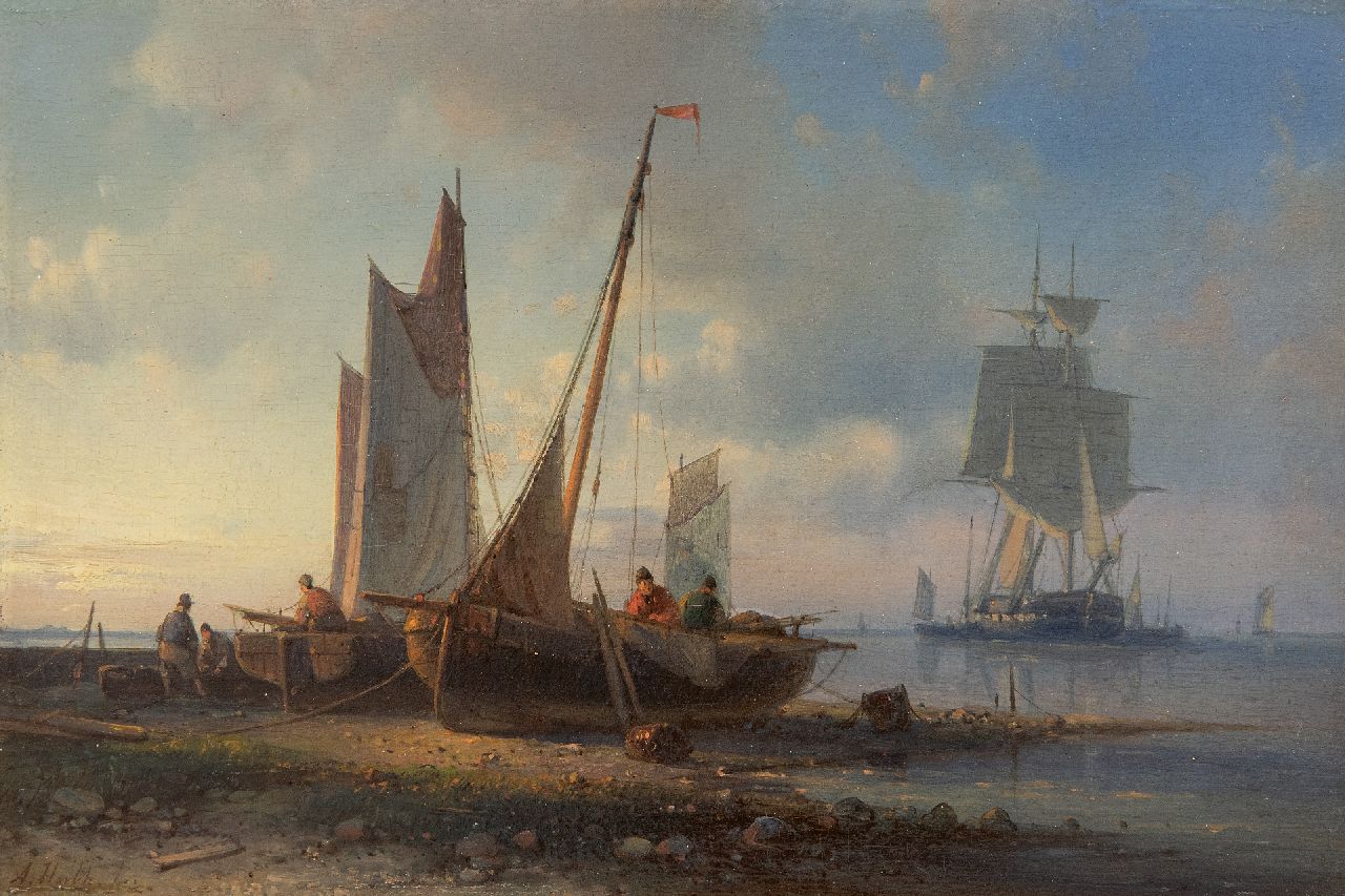 Hulk A. | Abraham Hulk | Schilderijen te koop aangeboden | Kustgezicht met voor anker liggend fregat en vissersscheepjes op het droge, olieverf op paneel 16,4 x 24,4 cm, gesigneerd linksonder Hulk A. | Abraham Hulk | Schilderijen te koop aangeboden | Kustgezicht met voor anker liggend fregat en vissersscheepjes op het droge, olieverf op paneel 16,4 x 24,4 cm, gesigneerd linksonder