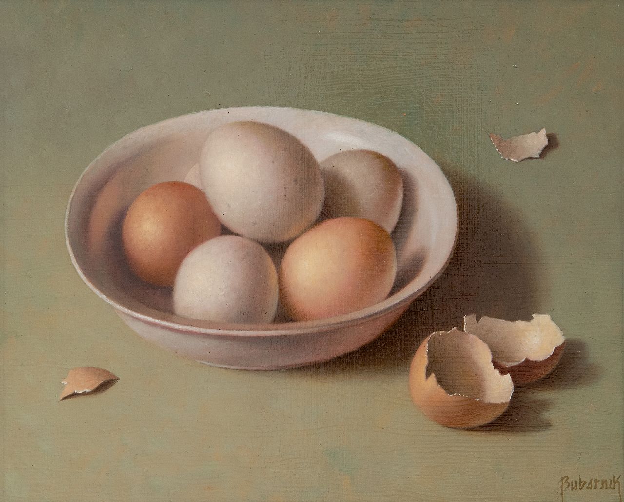Bubarnik A.G. | Andreas Gyula Bubarnik | Schilderijen te koop aangeboden | Stilleven met eieren in een kom, olieverf op paneel 24,1 x 30,1 cm, gesigneerd rechtsonder Bubarnik A.G. | Andreas Gyula Bubarnik | Schilderijen te koop aangeboden | Stilleven met eieren in een kom, olieverf op paneel 24,1 x 30,1 cm, gesigneerd rechtsonder