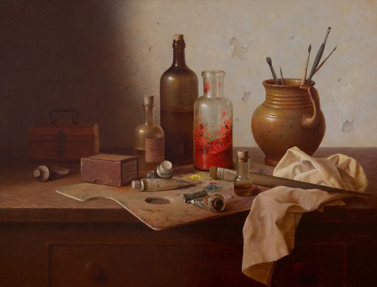 Bubarnik A.G. | Andreas Gyula Bubarnik | Schilderijen te koop aangeboden | Stilleven van schildersattributen op werkbank, olieverf op paneel 50,0 x 65,0 cm, gesigneerd rechtsonder Bubarnik A.G. | Andreas Gyula Bubarnik | Schilderijen te koop aangeboden | Stilleven van schildersattributen op werkbank, olieverf op paneel 50,0 x 65,0 cm, gesigneerd rechtsonder