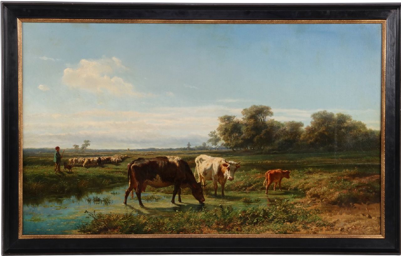 Savrij H.  | Hendrik Savrij | Schilderijen te koop aangeboden | Weidelandschap met drinkend vee en schaapskudde, olieverf op doek 76,7 x 129,0 cm, gesigneerd rechtsonder