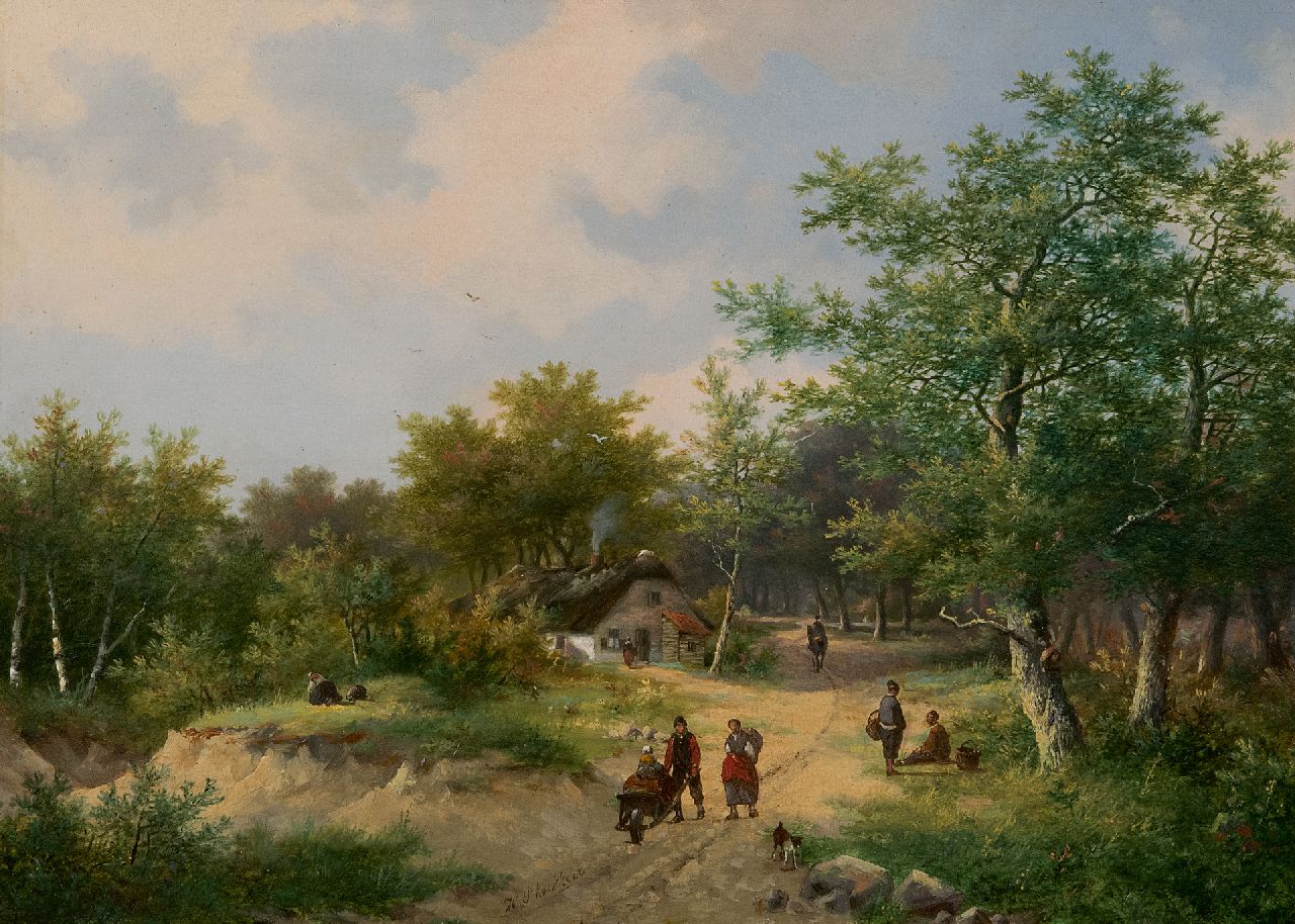 Hendrik Pieter Koekkoek | Boerenvolk op een boomrijke landweg, olieverf op paneel, 26,8 x 37,2 cm, gesigneerd m.o. Hendrik Pieter Koekkoek | Boerenvolk op een boomrijke landweg, olieverf op paneel, 26,8 x 37,2 cm, gesigneerd m.o.