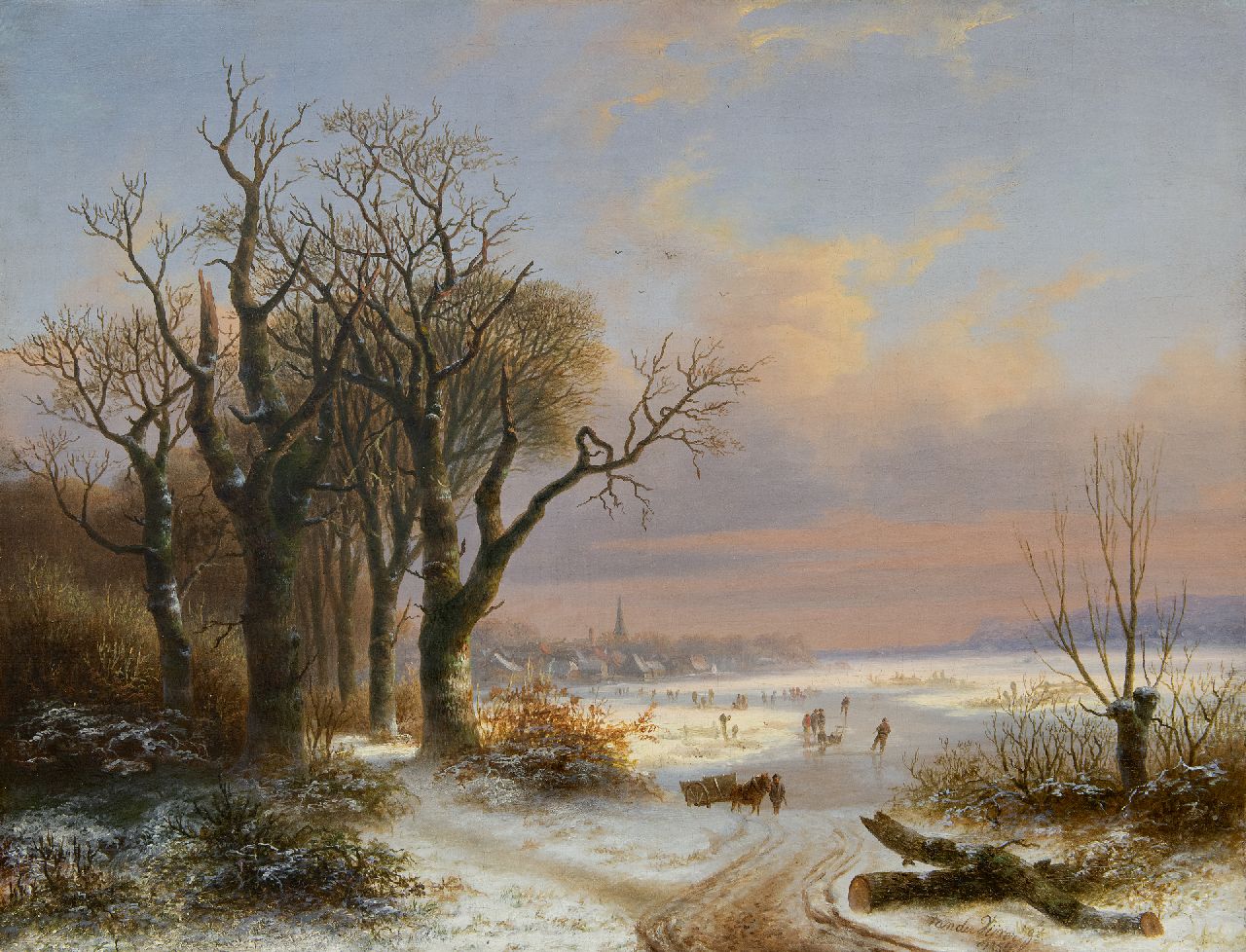 Willem Simon Petrus van der Vijver | Winterlandschap met schaatsers bij een dorp, olieverf op doek, 48,8 x 62,5 cm, gesigneerd r.o. en gedateerd 1854