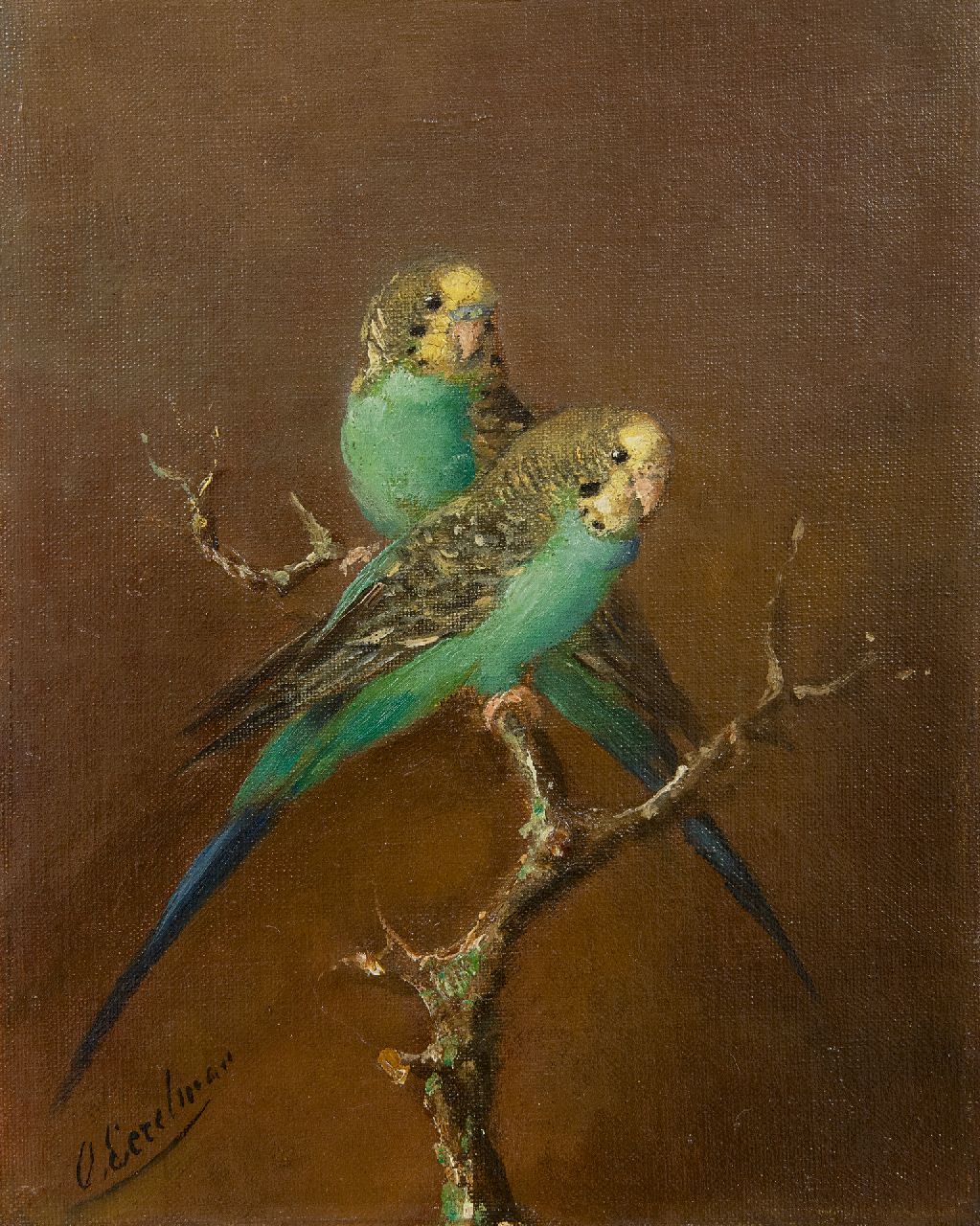 Eerelman O. | Otto Eerelman, Twee grasparkieten, olieverf op schildersboard 30,4 x 23,7 cm, gesigneerd linksonder en zonder lijst Eerelman O. | Otto Eerelman, Twee grasparkieten, olieverf op schildersboard 30,4 x 23,7 cm, gesigneerd linksonder en zonder lijst