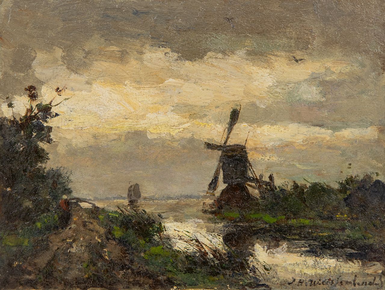 Weissenbruch H.J. | Hendrik Johannes 'J.H.' Weissenbruch | Schilderijen te koop aangeboden | Molen bij buiig weer, olieverf op paneel 18,5 x 24,5 cm, gesigneerd rechtsonder Weissenbruch H.J. | Hendrik Johannes 'J.H.' Weissenbruch | Schilderijen te koop aangeboden | Molen bij buiig weer, olieverf op paneel 18,5 x 24,5 cm, gesigneerd rechtsonder