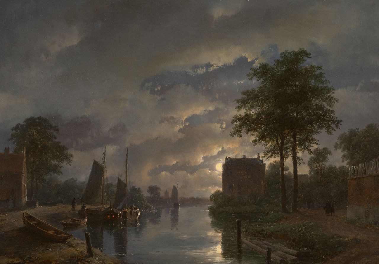Schelfhout A.  | Andreas Schelfhout, Riviergezicht bij maanlicht, olieverf op paneel 32,5 x 45,9 cm, gesigneerd rechtsonder en gedateerd '57