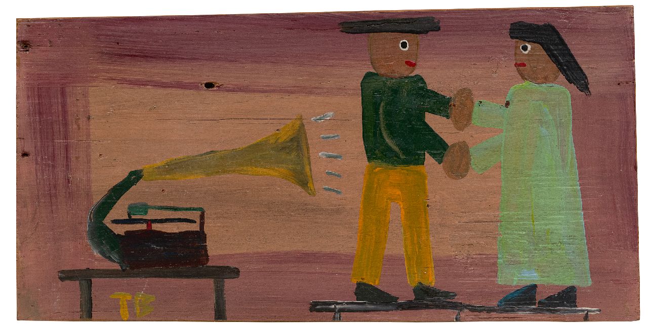 Brown T. | Timothy 'Tim' Brown | Schilderijen te koop aangeboden | Dansen bij de grammofoon, olieverf op hout 21,6 x 42,0 cm, gesigneerd linksonder en verso met monogram en te dateren 1960-1970 verkocht Brown T. | Timothy 'Tim' Brown | Schilderijen te koop aangeboden | Dansen bij de grammofoon, olieverf op hout 21,6 x 42,0 cm, gesigneerd linksonder en verso met monogram en te dateren 1960-1970 verkocht