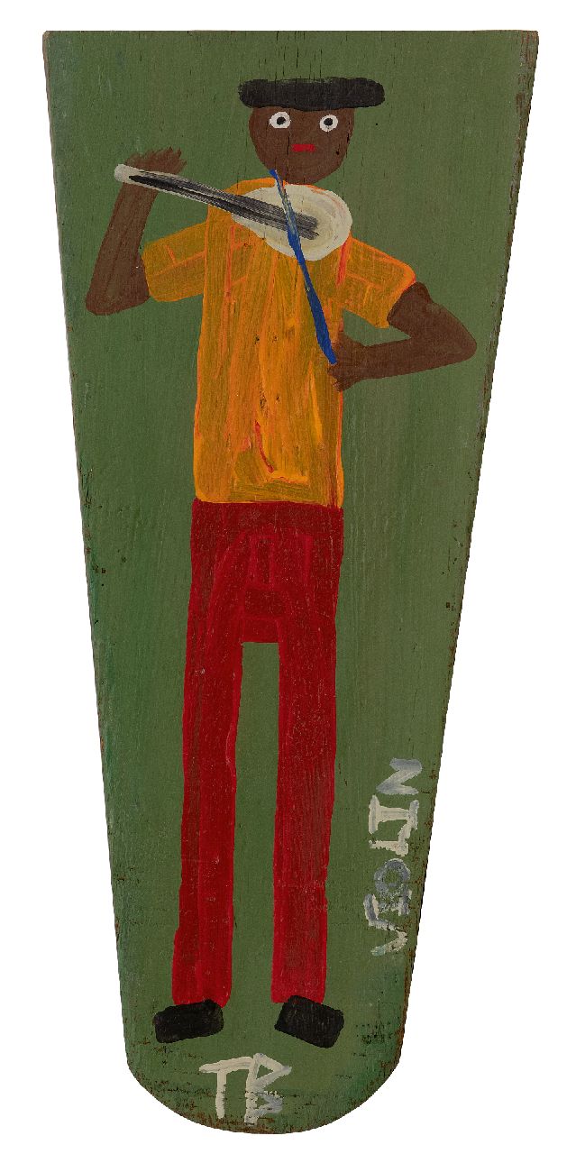 Brown T. | Timothy 'Tim' Brown | Schilderijen te koop aangeboden | Viool spelen, olieverf op hout 56,0 x 24,8 cm, gesigneerd middenonder en verso met monogram en ca 1970 Brown T. | Timothy 'Tim' Brown | Schilderijen te koop aangeboden | Viool spelen, olieverf op hout 56,0 x 24,8 cm, gesigneerd middenonder en verso met monogram en ca 1970