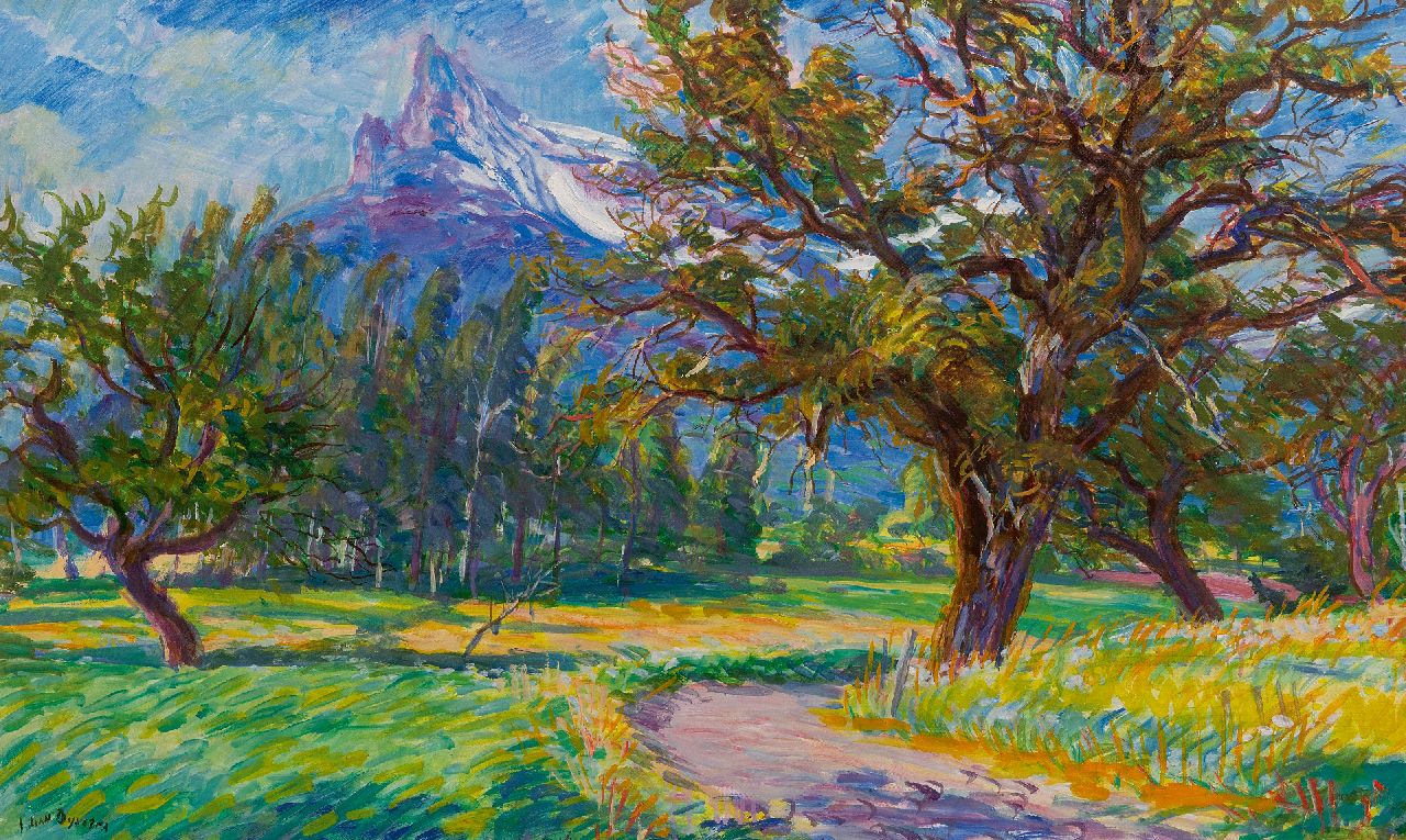 Dijkstra J.  | Johannes 'Johan' Dijkstra | Schilderijen te koop aangeboden | Zonnig landschap met besneeuwde bergen, olieverf op doek 60,4 x 100,5 cm, gesigneerd linksonder
