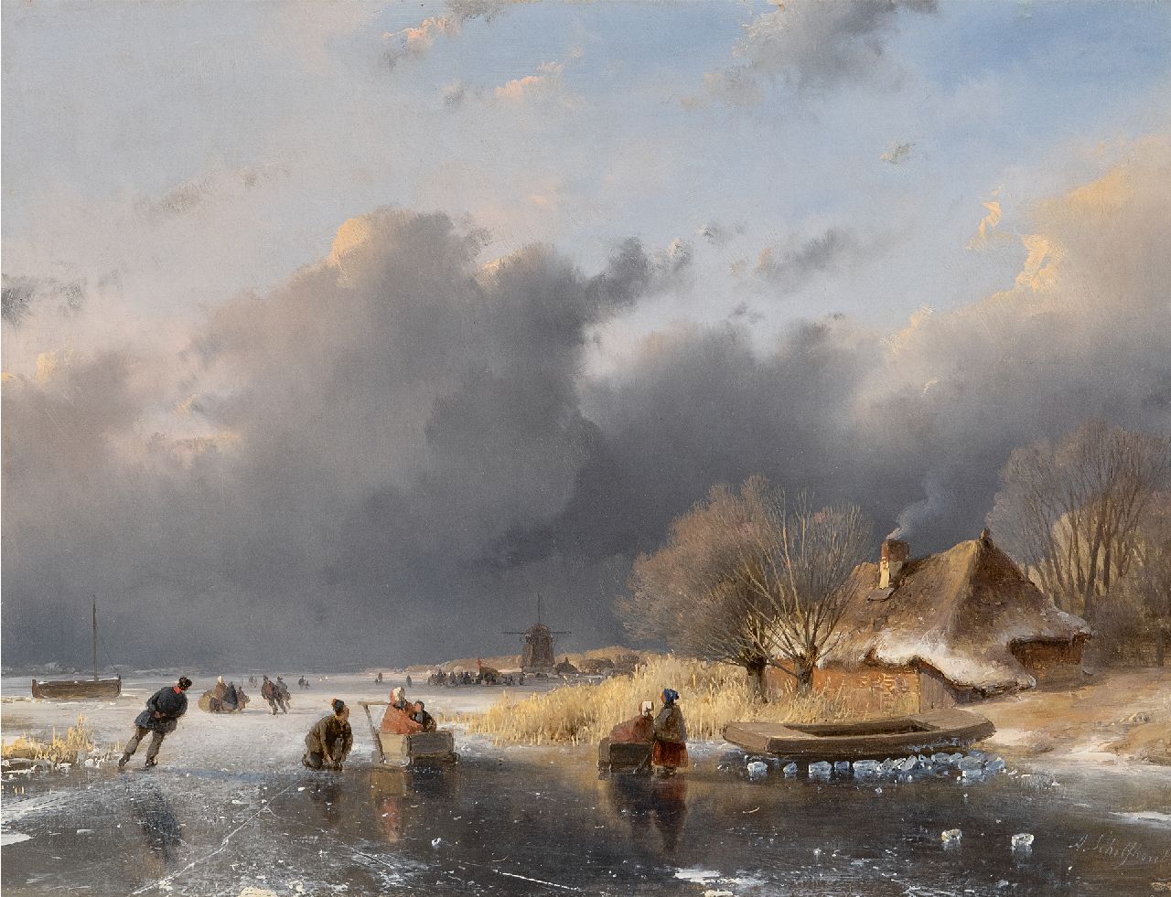 Schelfhout A.  | Andreas Schelfhout | Schilderijen te koop aangeboden | Schaatsers op poldervaart bij een boerderij, olieverf op paneel 25,2 x 32,1 cm, gesigneerd rechtsonder