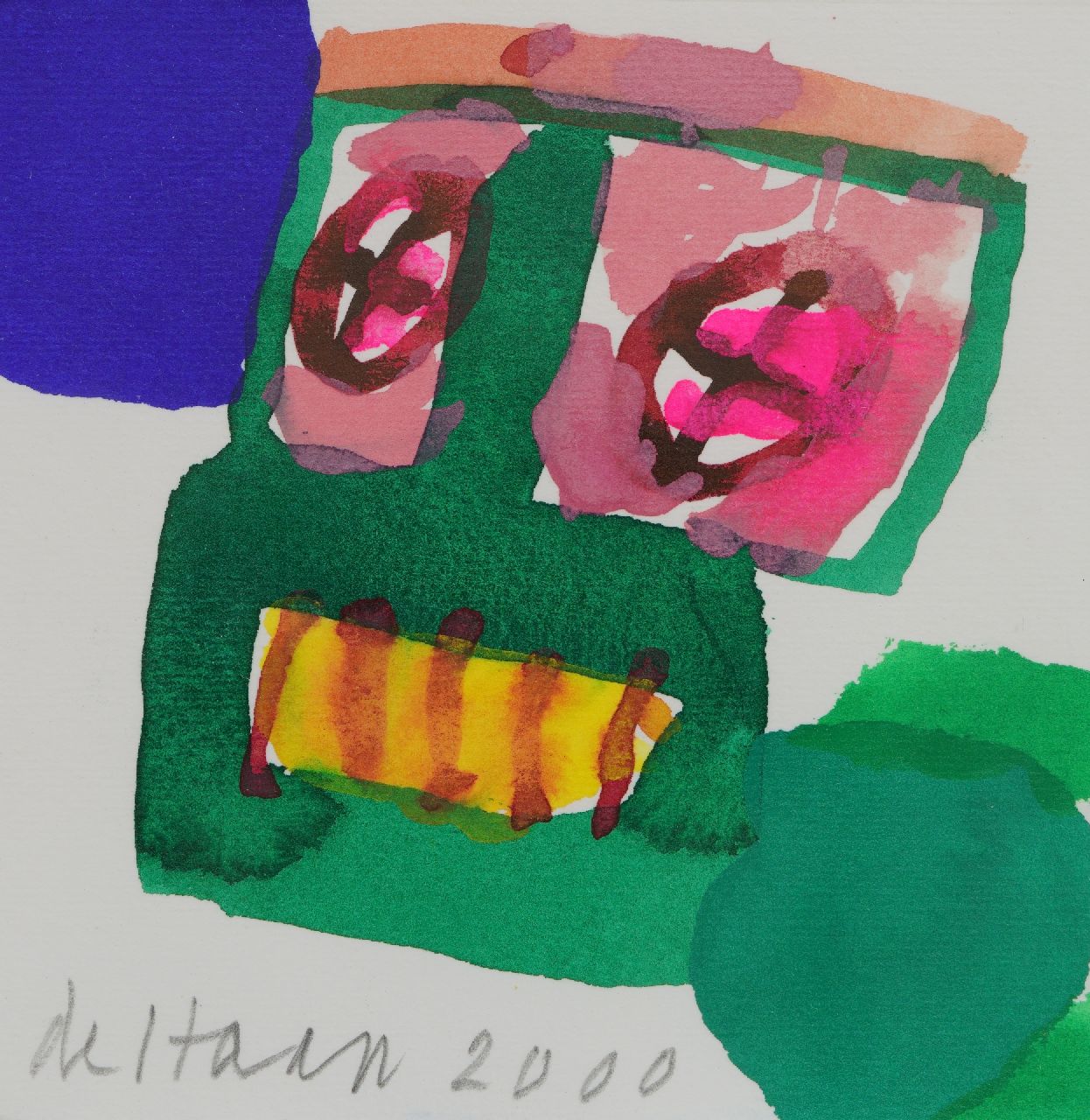 Haan J. de | Jurjen de Haan | Aquarellen en tekeningen te koop aangeboden | Compositie met kop, gouache op papier 12,2 x 12,0 cm, gesigneerd linksonder en gedateerd 2000
