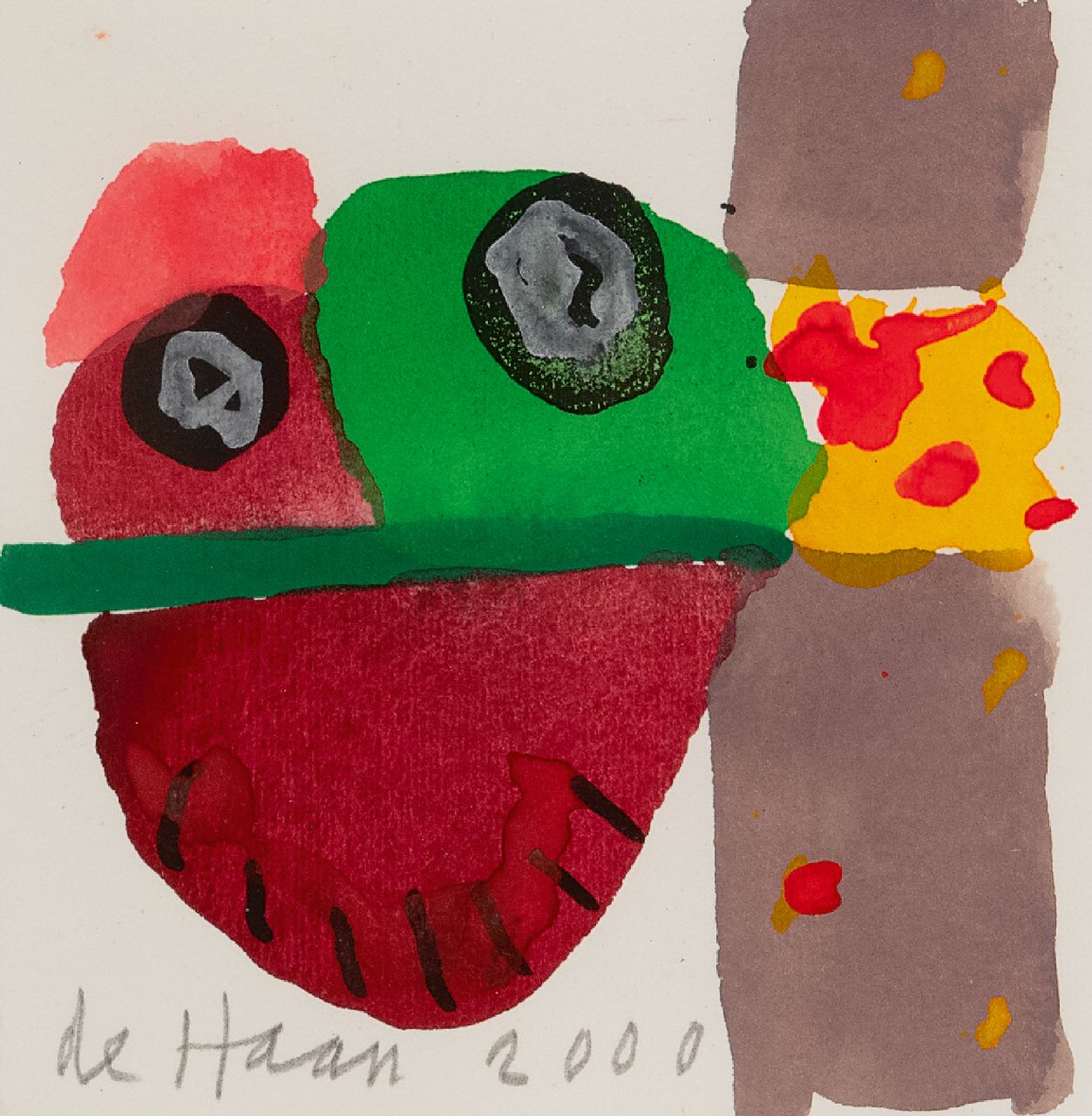 Haan J. de | Jurjen de Haan | Aquarellen en tekeningen te koop aangeboden | Compositie, gouache op papier 12,2 x 12,0 cm, gesigneerd linksonder en gedateerd 2000