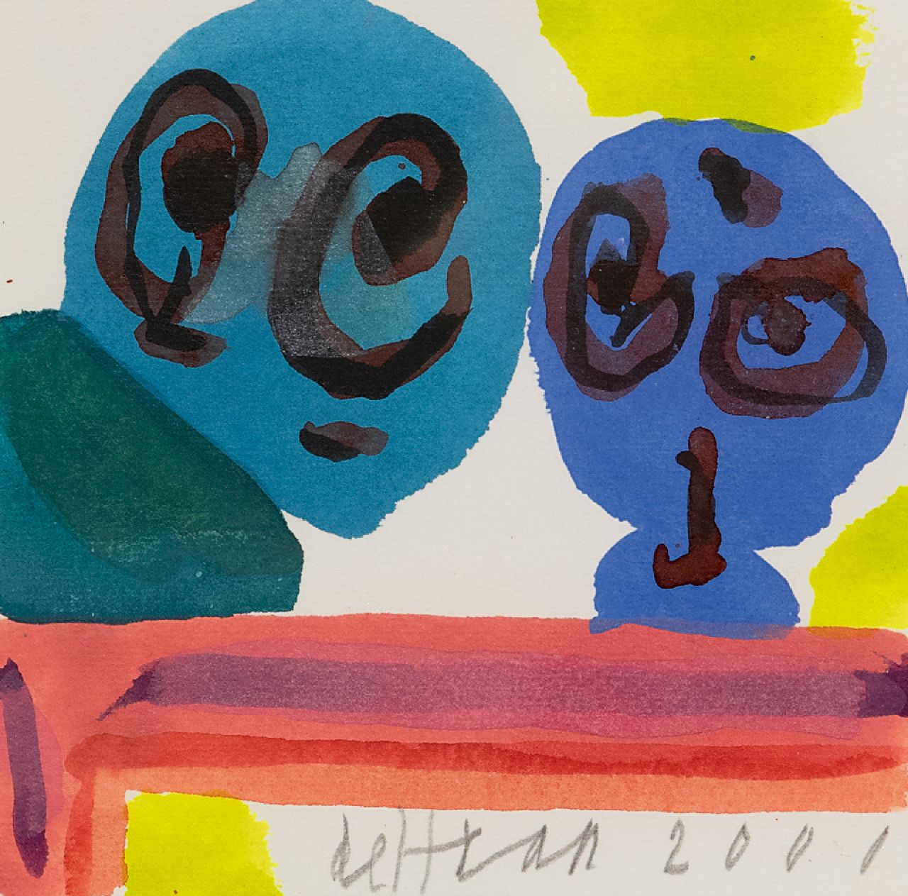 Haan J. de | Jurjen de Haan | Aquarellen en tekeningen te koop aangeboden | Twee figuren, gouache op papier 12,0 x 12,2 cm, gesigneerd middenonder en gedateerd 2001