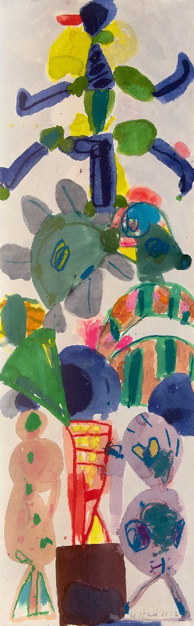 Haan J. de | Jurjen de Haan | Aquarellen en tekeningen te koop aangeboden | Totempaal, gouache op papier 120,0 x 40,0 cm, gesigneerd rechtsonder en gedateerd 2002