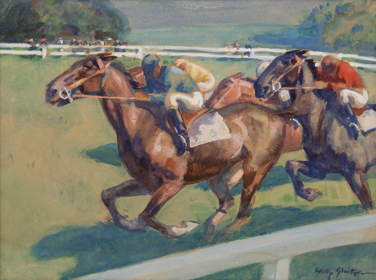 Sluiter J.W.  | Jan Willem 'Willy' Sluiter | Aquarellen en tekeningen te koop aangeboden | De paardenrace, aquarel en gouache op papier 48,4 x 64,7 cm, gesigneerd rechtsonder