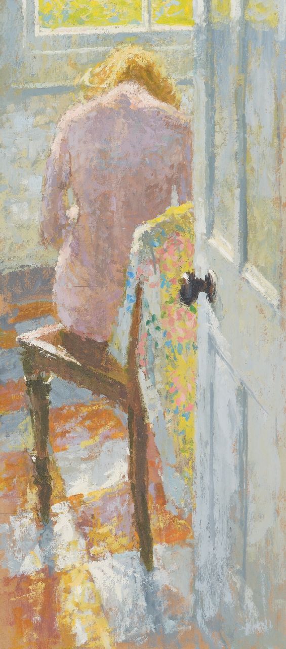Ray S.  | Stuart Ray | Schilderijen te koop aangeboden | Zittend naakt in ochtendzon, olieverf op board 52,1 x 23,9 cm, gesigneerd op achterkant lijst