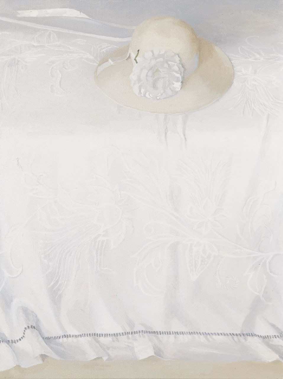 Karen Ray | Witte hoed op bed met wit sprei, olieverf op doek, 61,0 x 46,0 cm