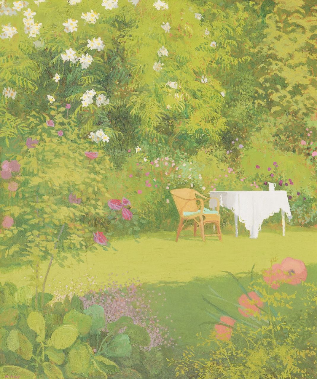 Ray K.  | Karen Ray | Schilderijen te koop aangeboden | Zomer in de tuin, olieverf op board 61,0 x 52,0 cm, gesigneerd linksonder
