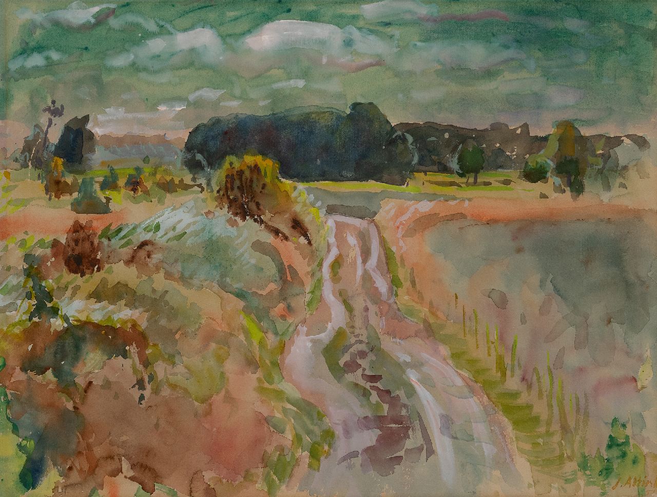Altink J.  | Jan Altink | Aquarellen en tekeningen te koop aangeboden | Landweg, Groningen, gouache op papier 50,5 x 65,7 cm, gesigneerd rechtsonder en gedateerd '51