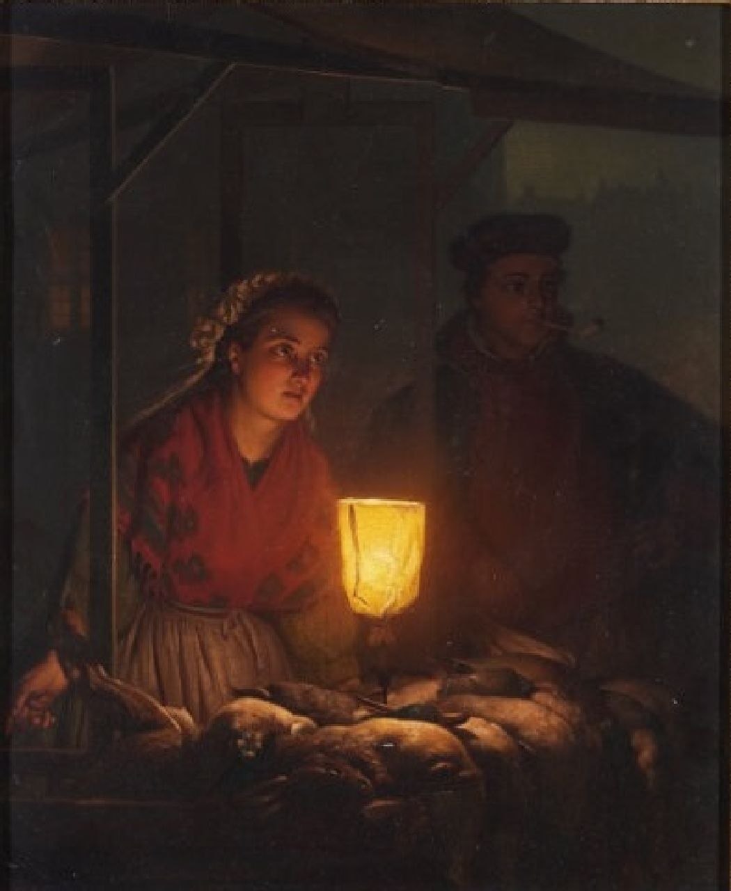 Schendel P. van | Petrus van Schendel | Schilderijen te koop aangeboden | Visverkoopster bij kaarslicht, olieverf op paneel 30,5 x 25,3 cm, gesigneerd rechtsonder en gedateerd 1865 Schendel P. van | Petrus van Schendel | Schilderijen te koop aangeboden | Visverkoopster bij kaarslicht, olieverf op paneel 30,5 x 25,3 cm, gesigneerd rechtsonder en gedateerd 1865