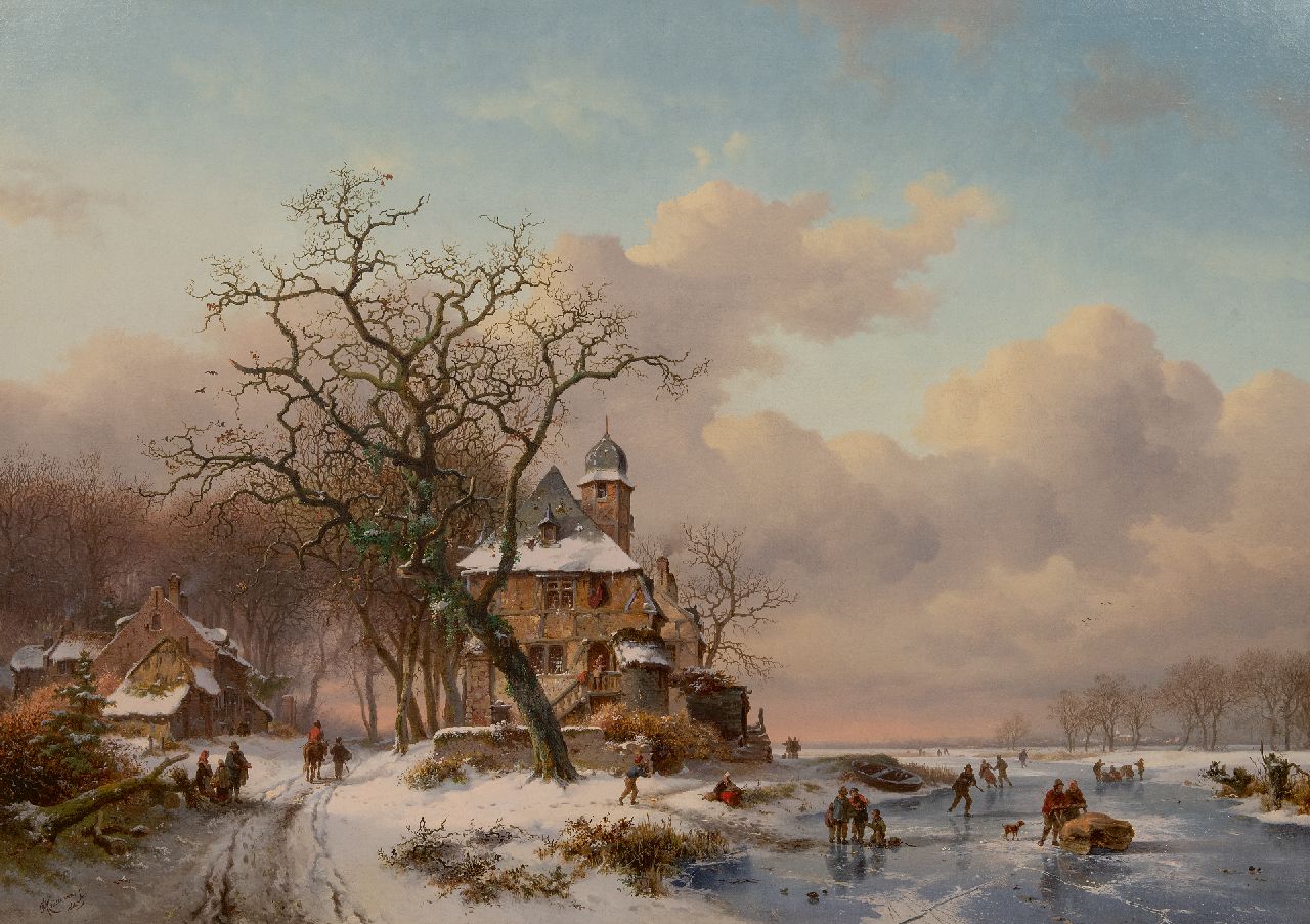Kruseman F.M.  | Frederik Marinus Kruseman, Winterlandschap met een landhuis en schaatsvolk op een bevroren vaart, olieverf op doek 78,6 x 108,6 cm, gesigneerd linksonder en gedateerd 1861  GERESERVEERD