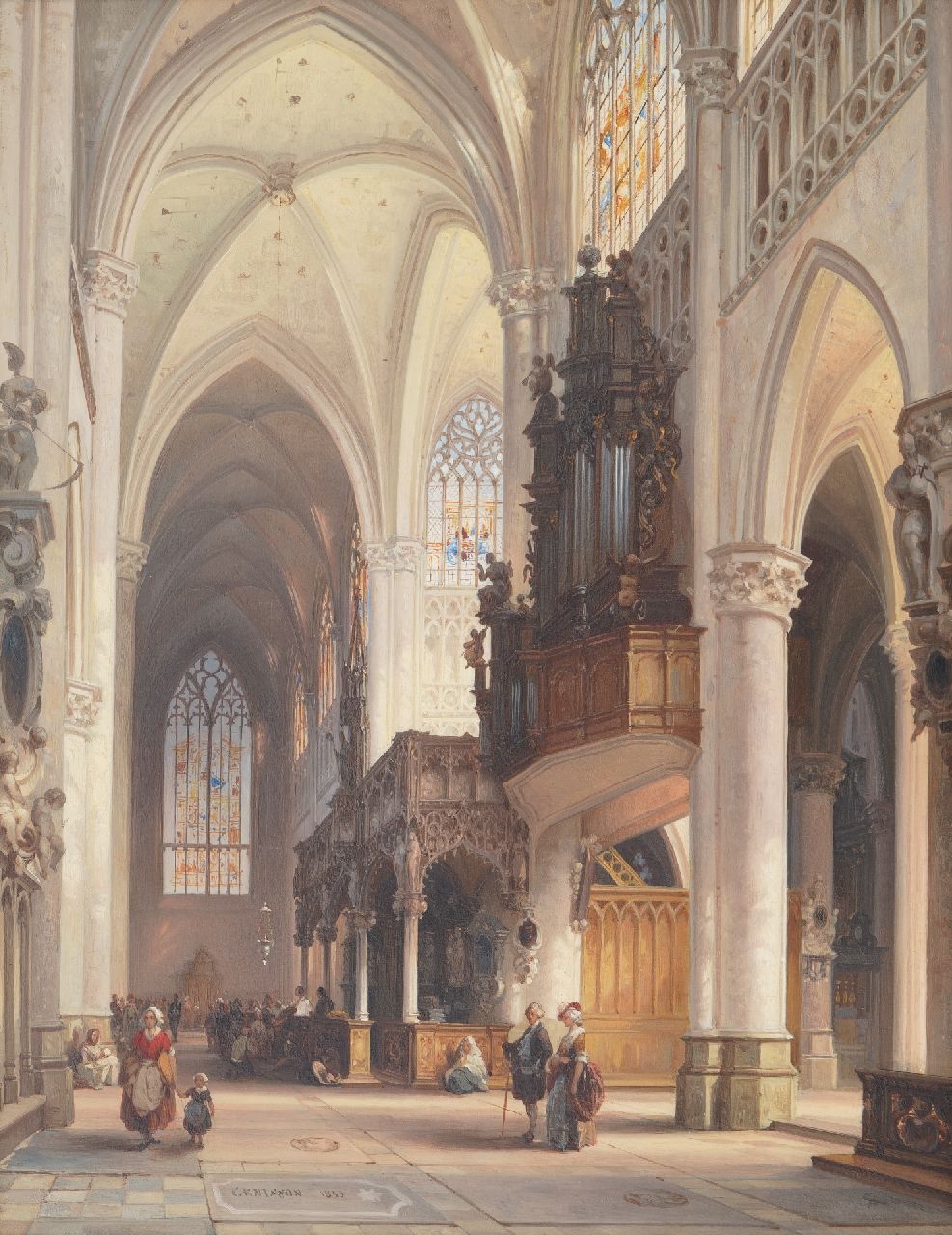 Jules Victor Genisson | Interieur van de St.-Gummaruskerk te Lier, olieverf op paneel, 47,0 x 36,5 cm, gesigneerd l.o. en gedateerd 1850