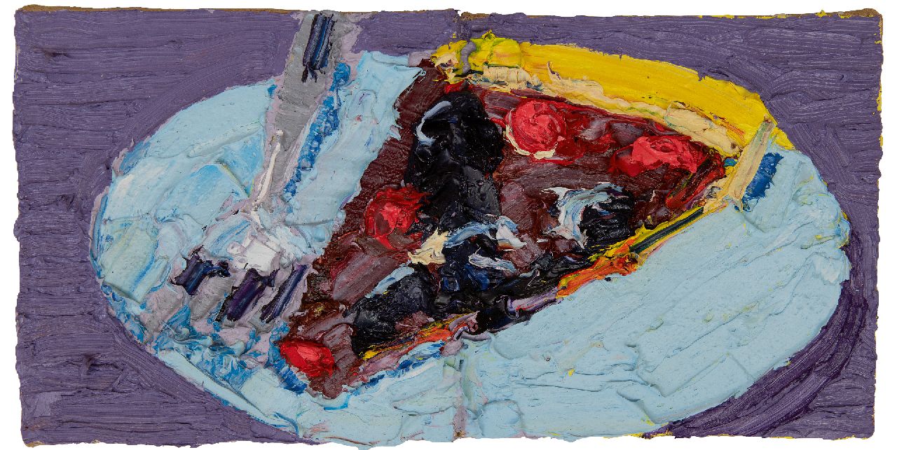 Blaaker C.H. | Carlos Henny Blaaker | te koop aangeboden | Taartje, olieverf op jute op paneel 26,0 x 51,0 cm, gesigneerd verso en verso gedateerd 2025 Blaaker C.H. | Carlos Henny Blaaker | te koop aangeboden | Taartje, olieverf op jute op paneel 26,0 x 51,0 cm, gesigneerd verso en verso gedateerd 2025