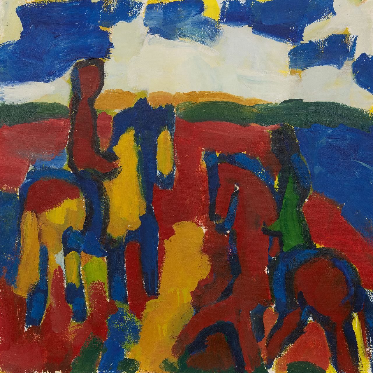 Benner G. | Gerrit Benner | Schilderijen te koop aangeboden | Ruiters in een landschap, olieverf op doek 90,1 x 89,9 cm, gesigneerd verso en te dateren ca. 1977 Benner G. | Gerrit Benner | Schilderijen te koop aangeboden | Ruiters in een landschap, olieverf op doek 90,1 x 89,9 cm, gesigneerd verso en te dateren ca. 1977