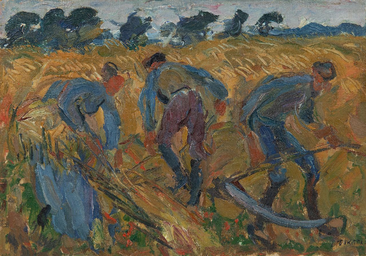 Dijkstra J.  | Johannes 'Johan' Dijkstra | Schilderijen te koop aangeboden | Maaiende landarbeiders, Groningen, olieverf op doek op paneel 21,5 x 30,2 cm, gesigneerd rechtsonder en te dateren medio jaren 20