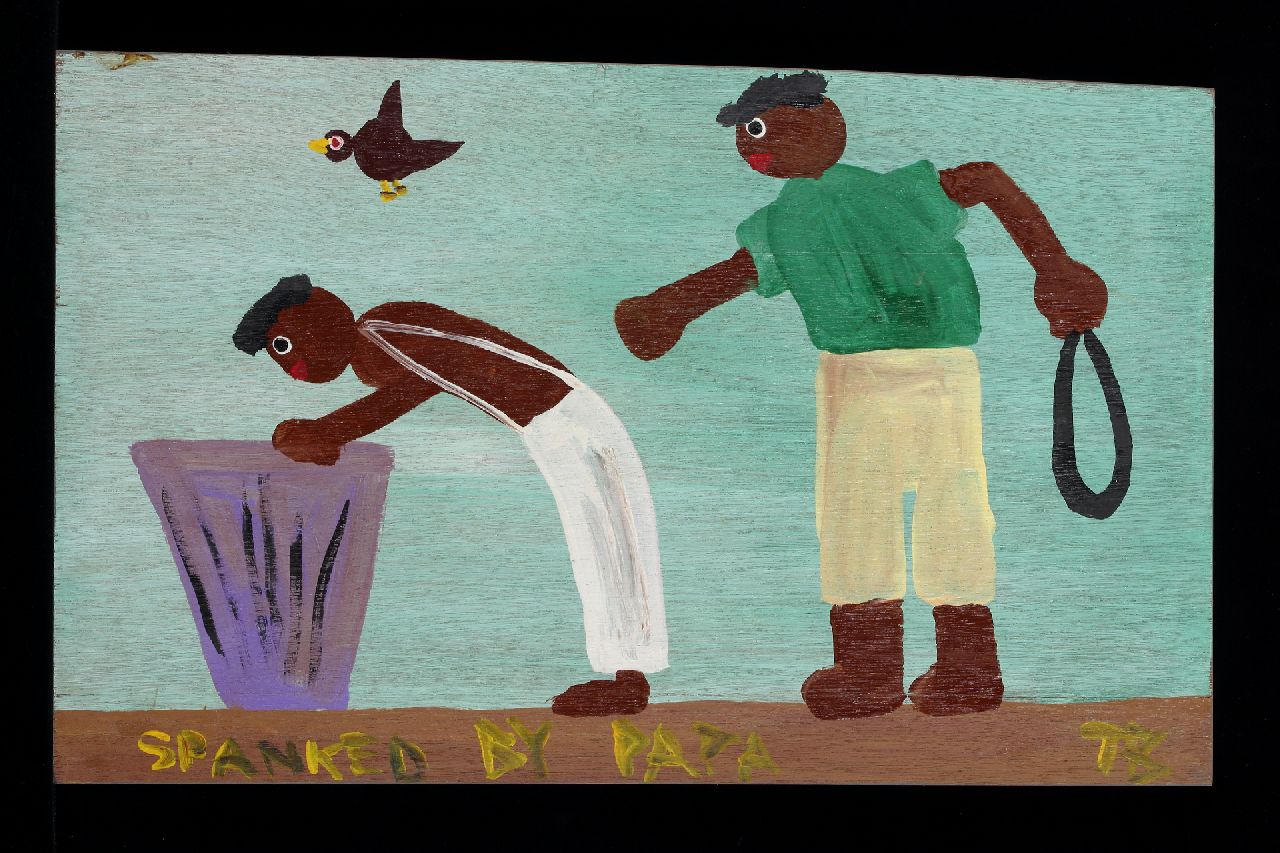 Brown T.  | Timothy 'Tim' Brown, Spanked by papa, acryl op paneel 34,4 x 55,5 cm, gesigneerd rechtsonder met initialen en ca 1995