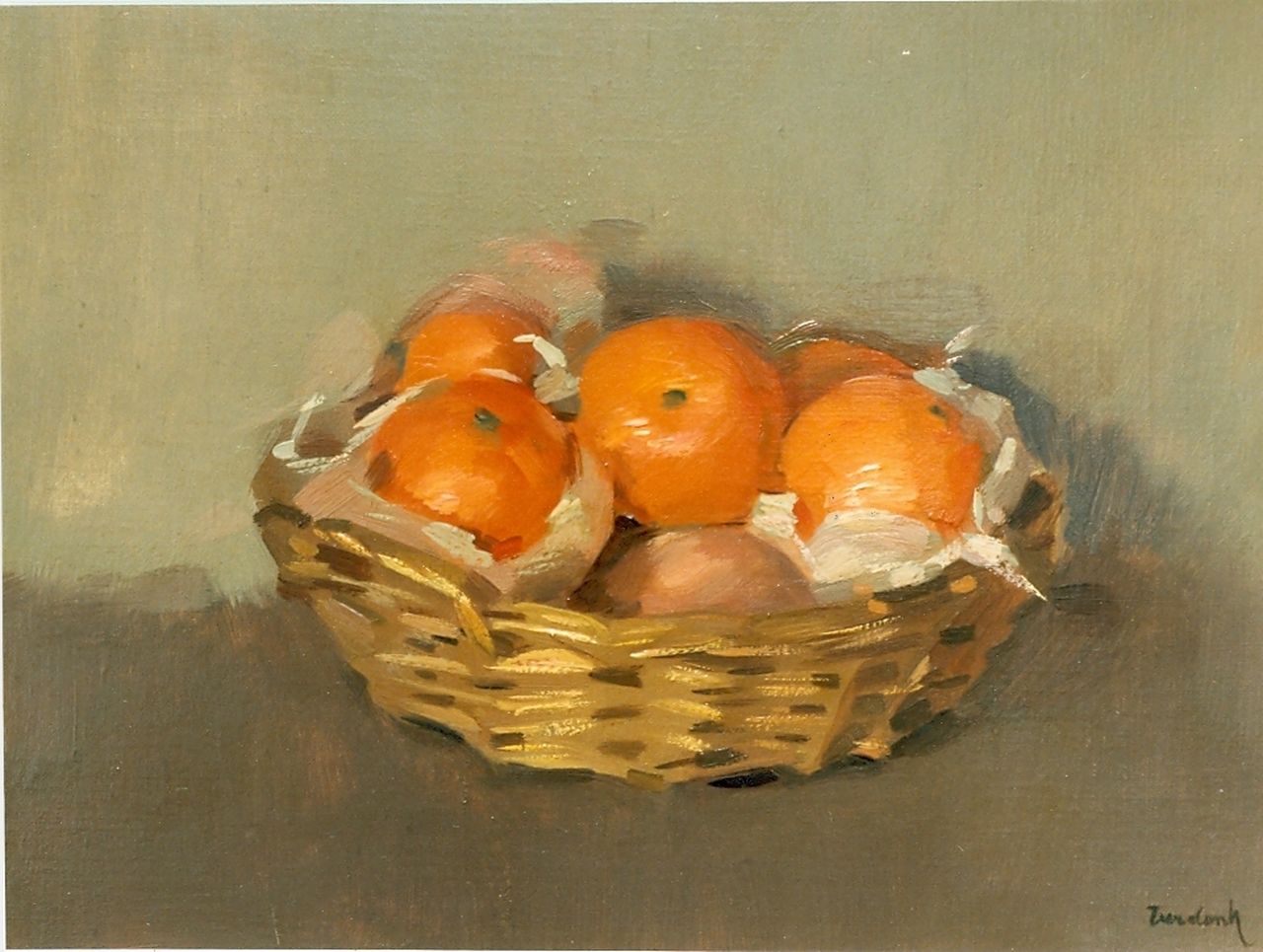 Verdonk F.W. | Frederik Willem 'Frits' Verdonk | Schilderijen te koop aangeboden | Sinaasappels in een mand, olieverf op doek 30,4 x 40,5 cm, gesigneerd rechtsonder Verdonk F.W. | Frederik Willem 'Frits' Verdonk | Schilderijen te koop aangeboden | Sinaasappels in een mand, olieverf op doek 30,4 x 40,5 cm, gesigneerd rechtsonder