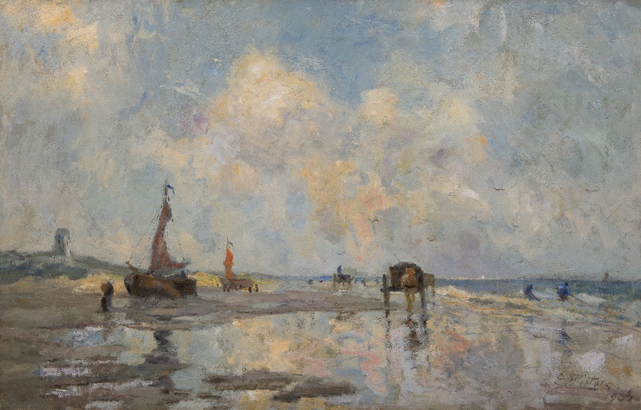 Pieters E. | Evert Pieters, Strand bij Katwijk met bomschuiten en schelpenvissers, olieverf op doek 85,5 x 130,2 cm, gesigneerd rechtsonder en gedateerd 1906 Pieters E. | Evert Pieters, Strand bij Katwijk met bomschuiten en schelpenvissers, olieverf op doek 85,5 x 130,2 cm, gesigneerd rechtsonder en gedateerd 1906