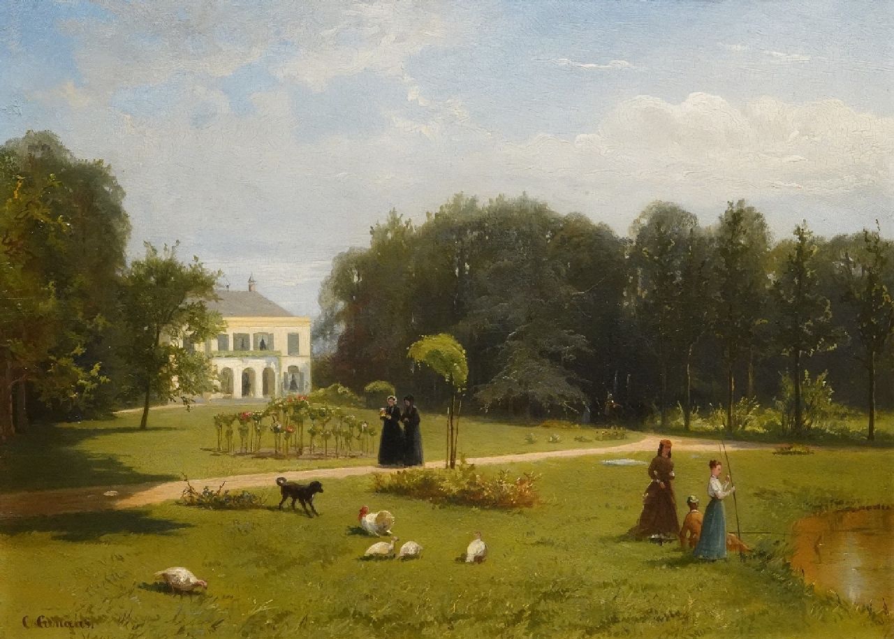 Conradijn Cunaeus | Buitenplaats met elegante dames in de tuin, olieverf op paneel, 26,0 x 35,0 cm, gesigneerd l.o. en privé