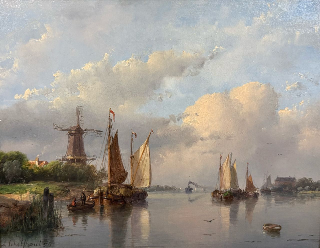 Schelfhout A.  | Andreas Schelfhout | Schilderijen te koop aangeboden | Zomers riviergezicht met zeilschepen, een stoomschip in de verte., olieverf op paneel 22,0 x 29,0 cm, gesigneerd linksonder en gedateerd '58