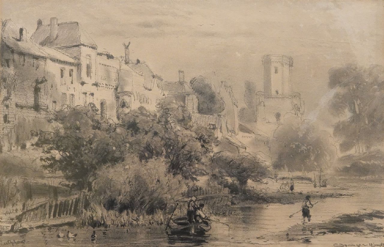 Springer C.  | Cornelis Springer | Aquarellen en tekeningen te koop aangeboden | Gezicht op de stadsomwalling van Zutphen met bleekveld en de Drogenapstoren, houtskool op papier 29,5 x 45,5 cm, gesigneerd rechtsonder en gedateerd 27 Juny '67