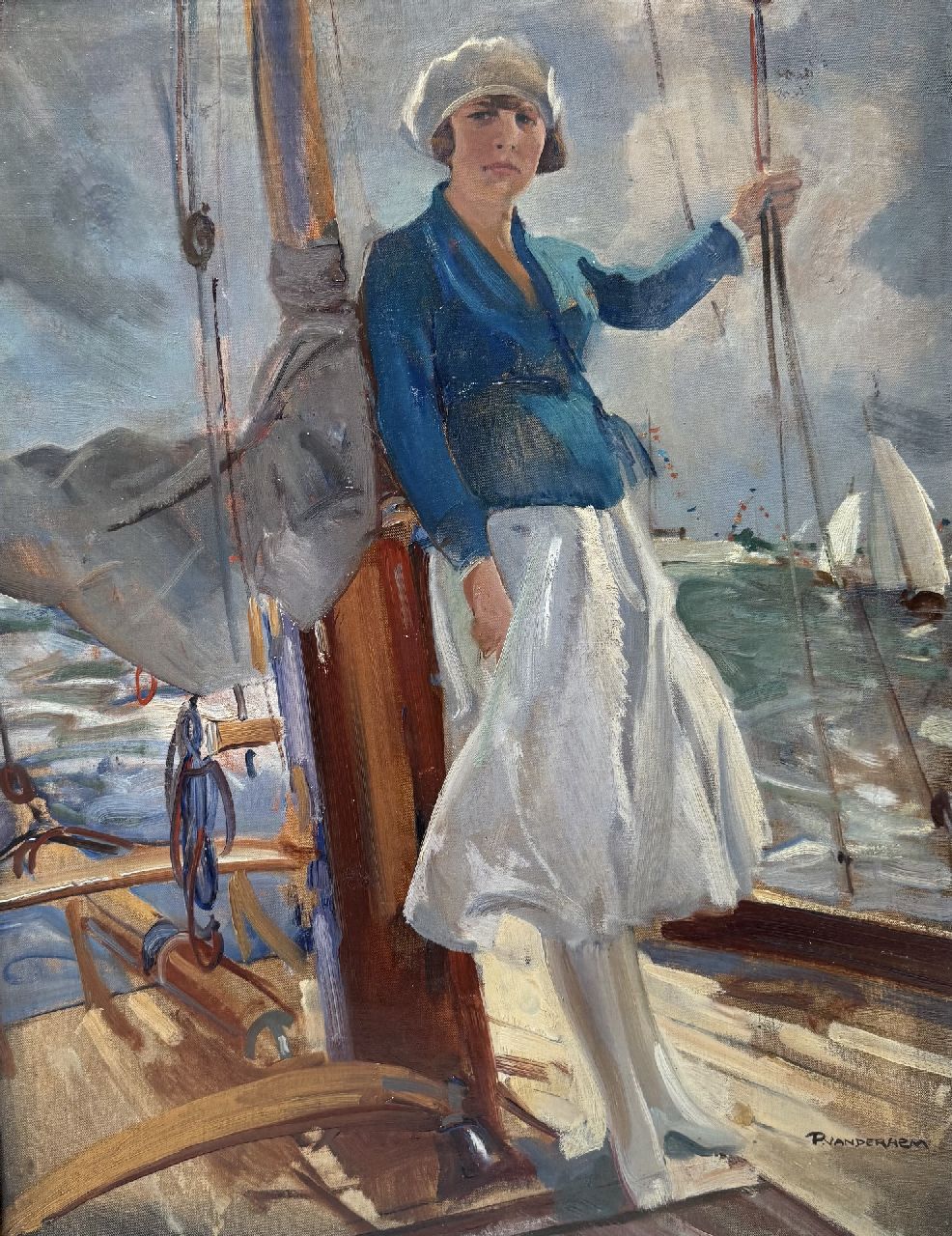 Hem P. van der | Pieter 'Piet' van der Hem | Schilderijen te koop aangeboden | Poseren op het zeiljacht, olieverf op doek 65,5 x 50,7 cm, gesigneerd rechtsonder