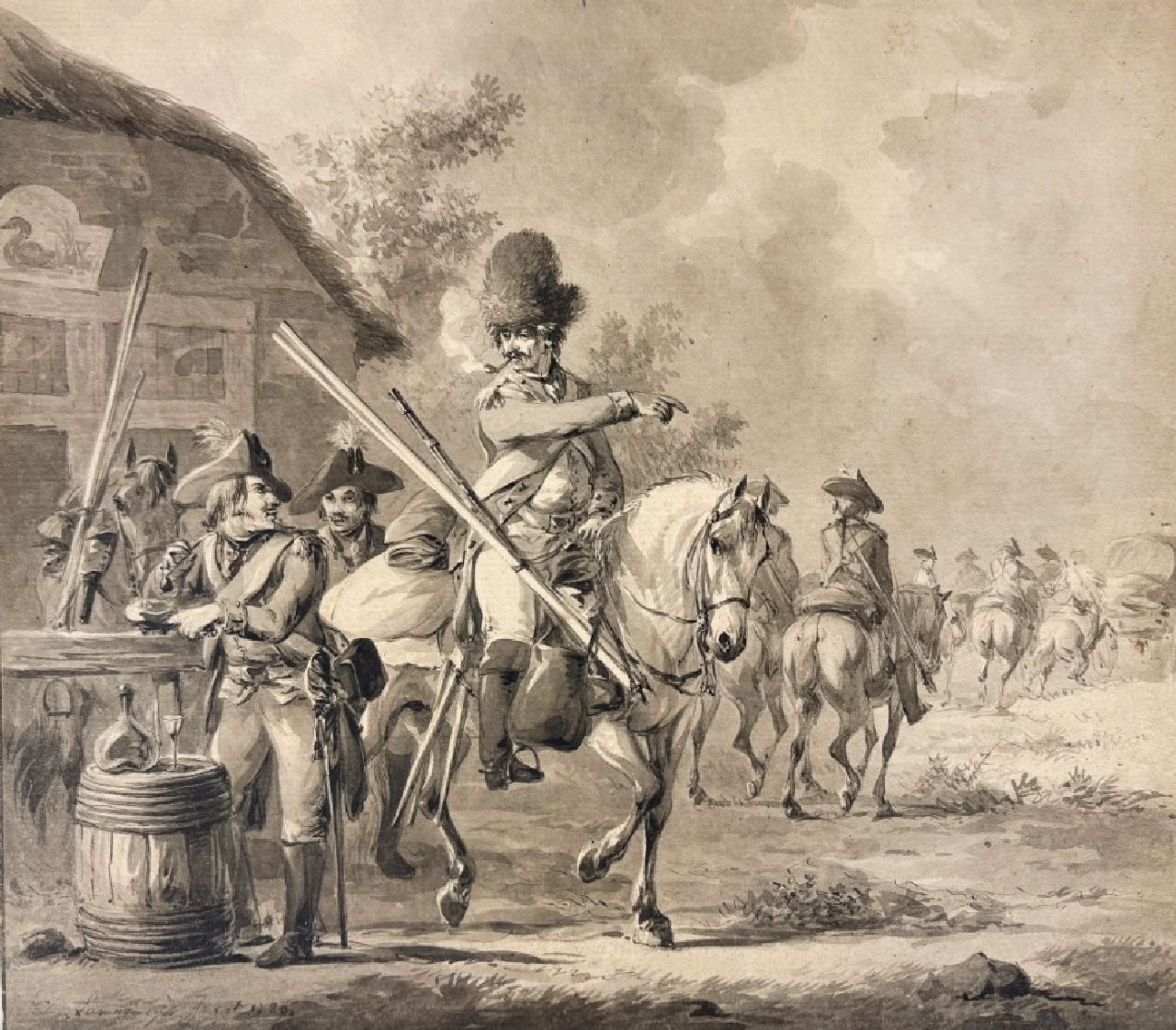 Dirk Langendijk | Herberg met rustende soldaten, tekening op papier, 19,5 x 22,3 cm, gesigneerd l.o.